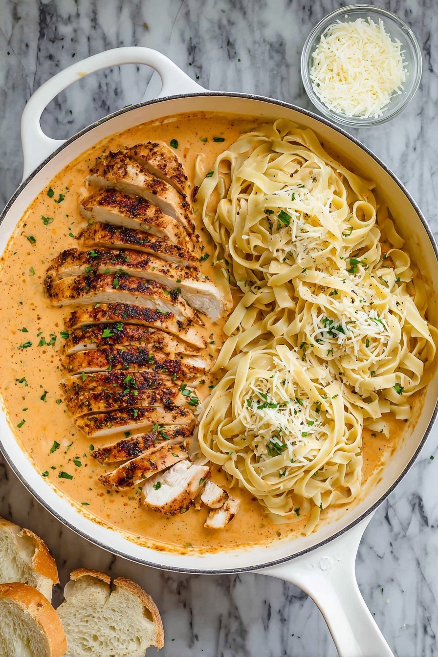 A close-up of a creamy pasta dish in a white bowl, showing three main layers: thick fettuccine noodles coated in a smooth, light beige sauce with small red flecks, golden-brown grilled chicken slices scattered on top with a slight char, and fresh green chopped parsley sprinkled evenly over everything. There are also thin white shavings of cheese scattered around the top, and a light dusting of black pepper is visible. The bowl rests on a white marbled surface. photo taken with an iphone --ar 2:3 --v 7 - Creamy Cajun Chicken Pasta, Cajun chicken pasta recipe, easy Cajun pasta, spicy creamy pasta, weeknight dinner ideas
