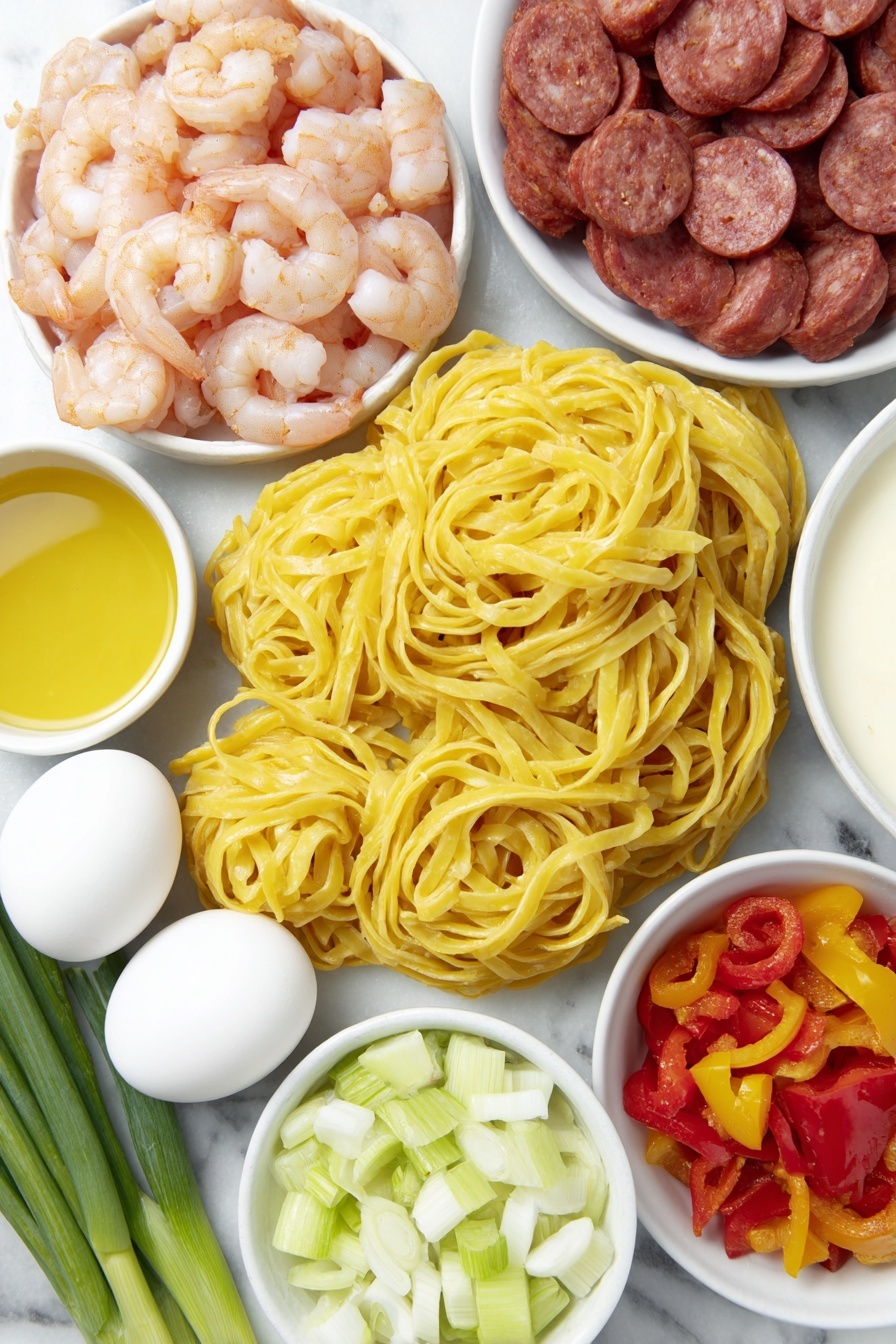 Flat lay of fresh linguine pasta nests, a pile of cleaned and deveined bright pink shrimp, thin slices of reddish-brown Andouille sausage, diced red and yellow bell peppers, diced white onion, diced celery stalks, a few whole green onions with vibrant green tops, a couple of whole brown eggs with clean shells, small white ceramic bowls containing golden olive oil, creamy heavy cream, deep reddish-brown Worcestershire sauce, and a light amber low sodium chicken stock, a small white bowl of reddish Cajun seasoning powder, all ingredients arranged symmetrically and balanced on a simple white ceramic plate, placed on a clean white marble surface, soft natural light, photo taken with an iPhone, professional food photography style, fresh ingredients, white ceramic bowls, no bottles, no duplicates, no utensils, no packaging --ar 2:3 --v 7 --p m7354615311229779997 - Cajun Shrimp and Sausage Pasta, Cajun pasta recipe, spicy seafood pasta, creamy Cajun pasta, Southern-inspired pasta dishes