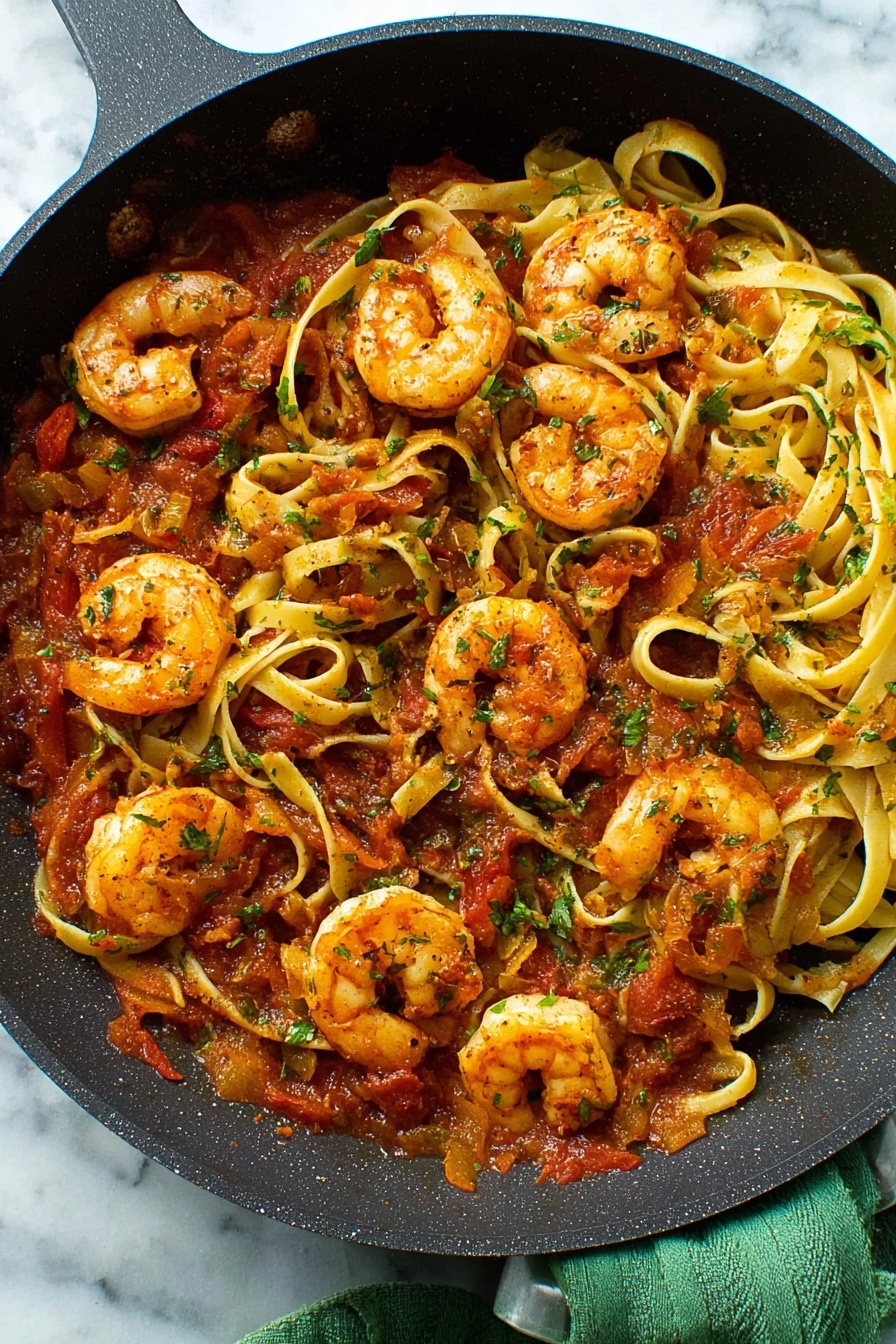 The image shows a white bowl filled with pasta and shrimp. The pasta is light yellow and soft-looking, with a few pieces twisted and layered all over. On top, there are five shrimp, cooked to a golden orange color with a slightly crispy texture. Small pieces of red tomato and green herbs are mixed in among the pasta, adding bright color spots. A silver fork is placed inside the bowl, with its handle pointing outwards. The bowl sits on a white marbled surface with small red chili flakes scattered around. Photo taken with an iphone --ar 2:3 --v 7 - Spicy Shrimp Fra Diavolo Pasta, spicy shrimp pasta, Italian-American pasta recipes, quick seafood pasta, flavorful shrimp pasta