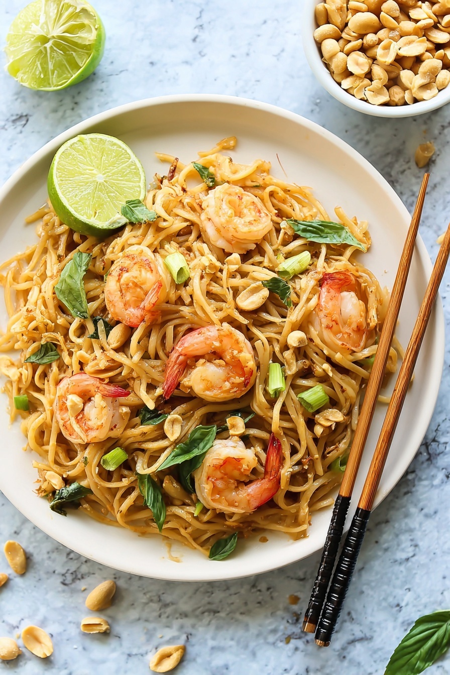 A white plate sits on a white marbled surface, filled with a mix of light beige noodles and bright pink cooked shrimp that have a slightly shiny texture. Scattered throughout the noodles are fresh green leaves and green onion pieces, adding vibrant splashes of color. On one side of the plate, a wedge of lime with a bright green skin and juicy, pale green inside leans against the noodles. Light brown crushed nuts are sprinkled over the dish, adding texture. Brown chopsticks with black tips rest across the right side of the plate. Nearby, a small white bowl holds more whole peanuts. A few lime wedges and green leaves are placed on the white marbled surface, enhancing the fresh look of the scene. Photo taken with an iphone --ar 2:3 --v 7 - Easy Shrimp Pad Thai,Shrimp Pad Thai,Quick Thai Pad Thai,Authentic Shrimp Pad Thai,Simple Shrimp Pad Thai