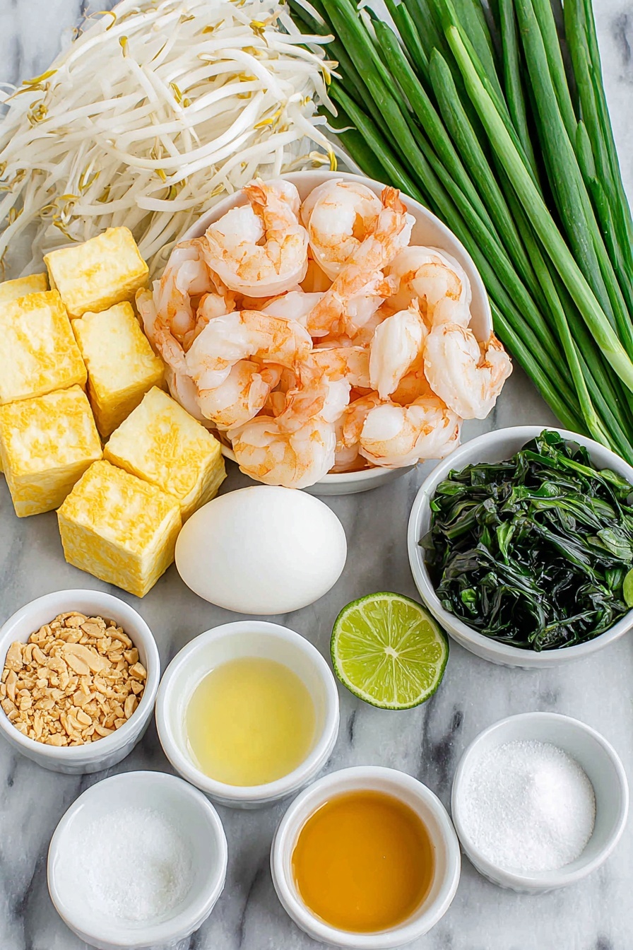 Flat lay of fresh medium-width rice noodles arranged in gentle folds, a small white ceramic bowl of dark tamarind concentrate, a small white bowl filled with light golden palm sugar crystals, a small white bowl containing moist brown sugar, a small white bowl with clear fish sauce, a small white bowl of water, thinly sliced raw chicken breast pieces neatly fanned out, a small white bowl of oyster sauce, several whole garlic cloves with papery skins intact, two whole shallots with purplish skin, four whole brown eggs with clean shells, firm white tofu cubes stacked neatly, fresh green onions cut into 2-inch pieces arranged in a bundle, a small pile of crisp fresh bean sprouts, a small white bowl with chopped bright orange preserved radish, a small white bowl of crushed peanuts, fresh lime wedges showing vibrant green skin and juicy interior, and a small white bowl with dried Thai red chili flakes — all placed on a clean white marble surface, soft natural light, photo taken with an iPhone, professional food photography style, fresh ingredients, white ceramic bowls, no bottles, no duplicates, no utensils, no packaging --ar 2:3 --v 7 --p m7354615311229779997 - Easy Chicken Pad Thai, Chicken Pad Thai recipe, homemade Pad Thai, Thai chicken noodles, quick Pad Thai