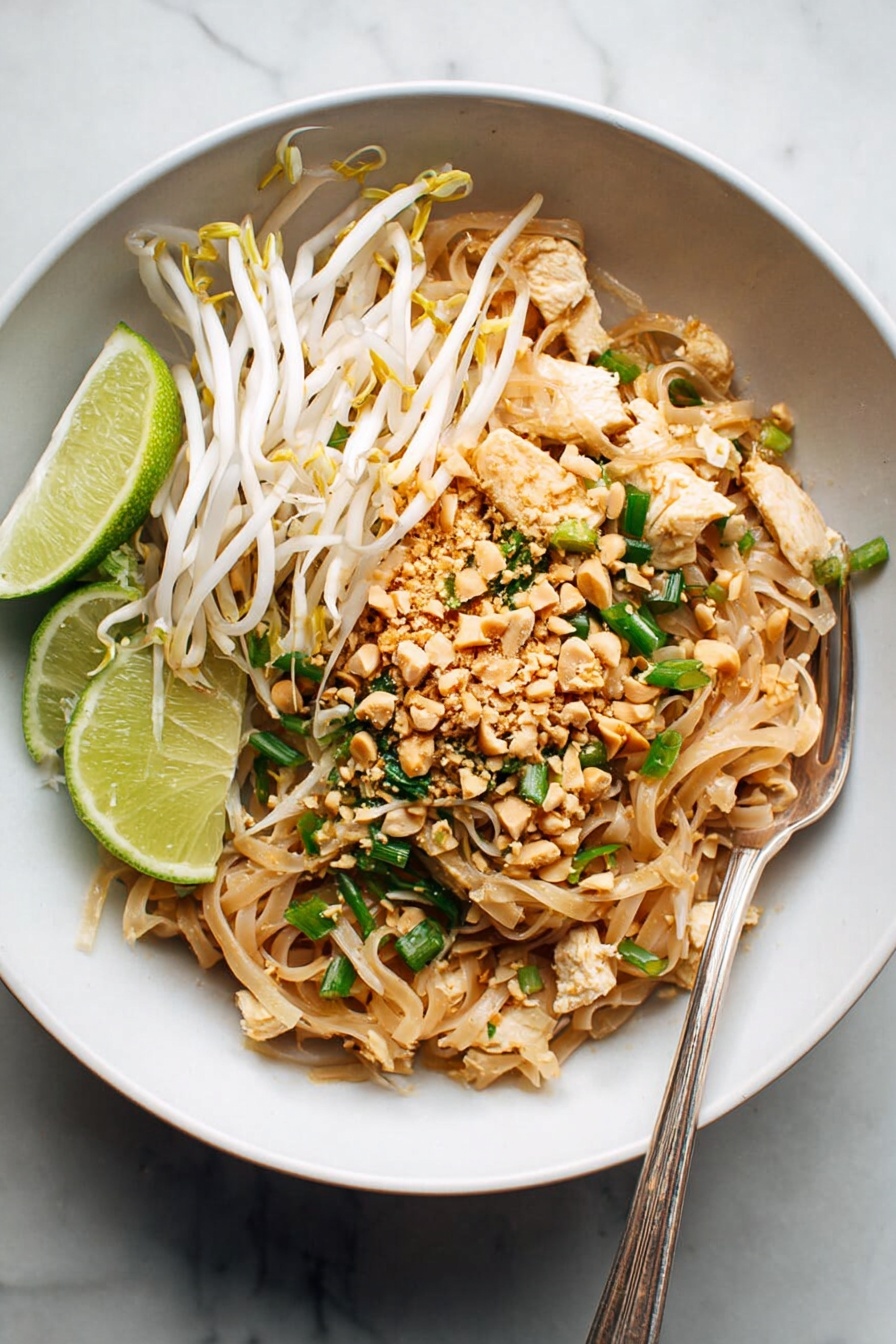 In a black cast iron pan filled with steaming noodle dish, there is one main layer of light brown flat noodles mixed with small pieces of cooked light brown chicken. On top of the noodles, there are scattered thin green strips of green onion and white bean sprouts with yellow tips. The noodles and toppings have a slightly shiny texture, showing they are freshly cooked. The pan is placed on a white marbled surface with soft natural light coming from the side, casting gentle shadows around. Photo taken with an iphone --ar 2:3 --v 7 - Easy Chicken Pad Thai, Chicken Pad Thai recipe, homemade Pad Thai, Thai chicken noodles, quick Pad Thai