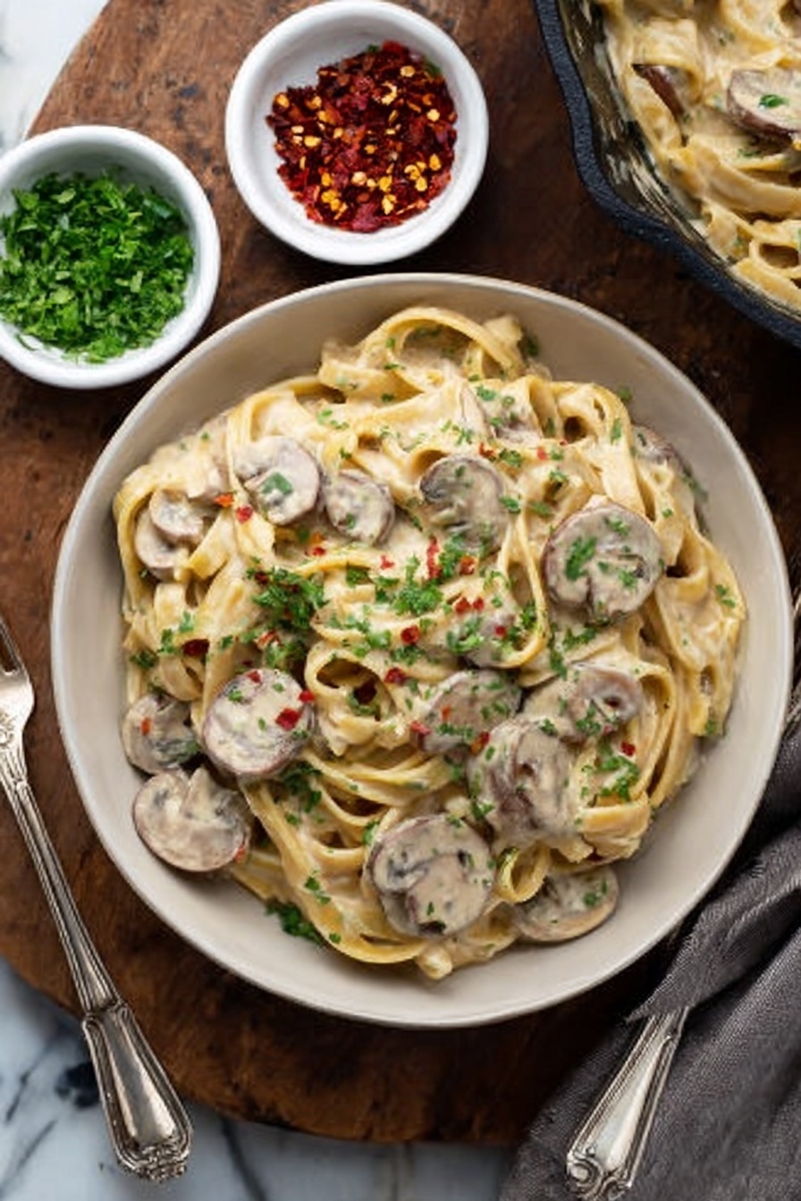 The image shows a close-up of a black round pan filled with creamy pasta. The pasta is flat and long, covered in a light beige creamy sauce. Scattered throughout the dish are round slices of browned sausage, slightly pinkish inside with a crispy outer edge. Small green herbs are sprinkled on top, adding color and freshness. A silver fork is partially buried in the pasta at the lower right side of the pan. The pan is placed on a white marbled surface. Photo taken with an iphone --ar 2:3 --v 7 - Smoked Sausage Cajun Alfredo Pasta, creamy Cajun pasta, smoky sausage pasta, quick Cajun Alfredo, indulgent sausage pasta
