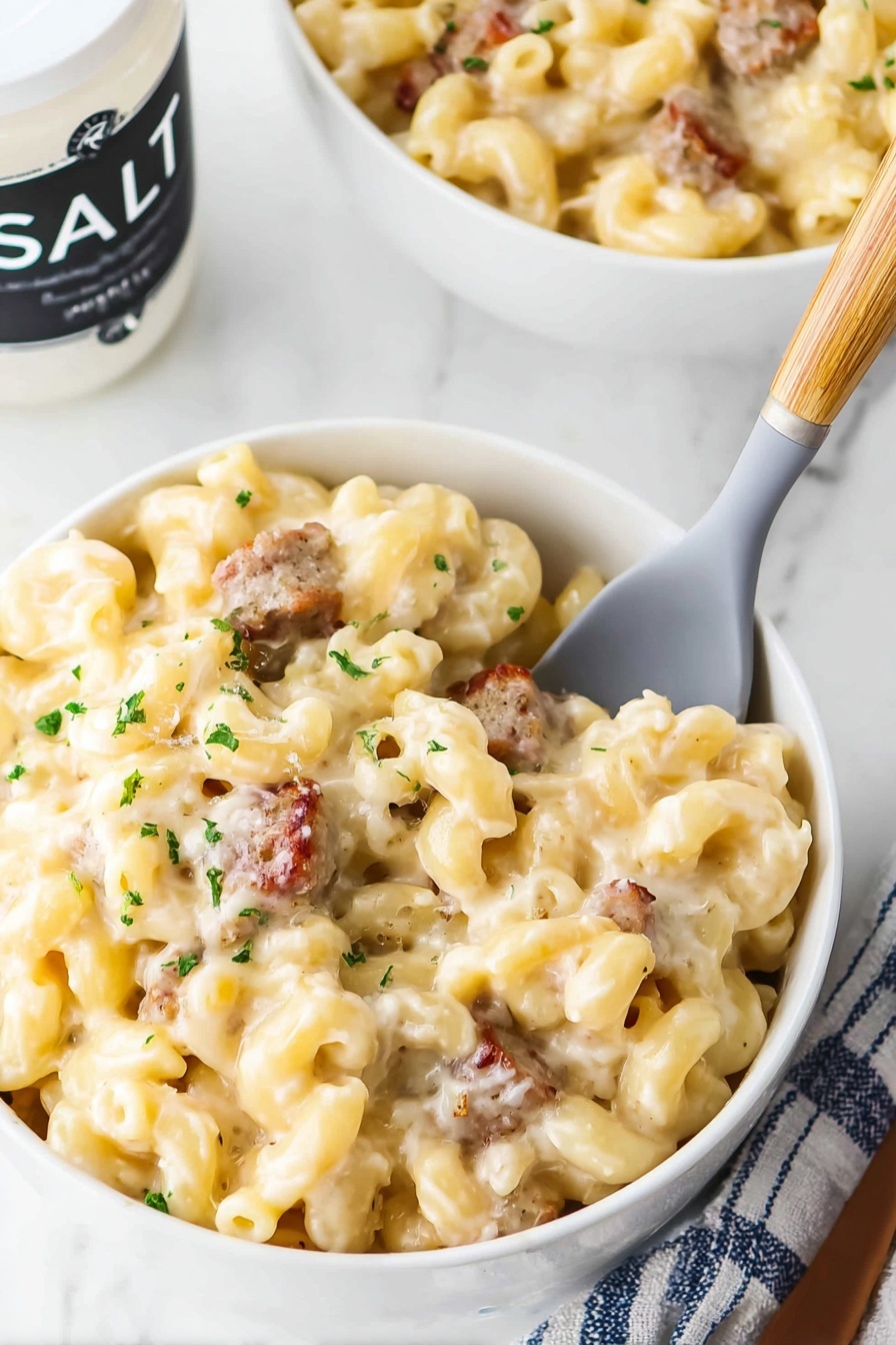 A white bowl filled with creamy macaroni and cheese mixed with small pieces of browned sausage, topped with scattered small green parsley leaves. The pasta is pale yellow with a smooth, creamy texture and the sausage pieces are a light brown. In the background, two more white bowls with the same dish are partially visible on a white marbled surface, along with a white salt shaker and a wooden board with shredded cheese. A blue and white striped cloth is partly seen at the bottom left, and fresh green parsley rests on the bottom right. photo taken with an iphone --ar 2:3 --v 7 - Creamy Sausage Mac and Cheese, sausage mac and cheese, cheesy sausage pasta, comfort food recipes, easy sausage pasta