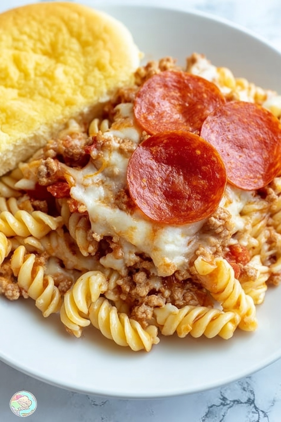 A white square dish filled with a baked pasta casserole. The bottom layer consists of rotini pasta mixed with a brown meat sauce, visible through patches of melted white cheese on top. The top layer is covered with evenly spaced, round, red pepperoni slices that have a shiny, slightly oily texture. The dish sits on a white marbled surface, with a bunch of fresh green parsley blurred in the background. Photo taken with an iphone --ar 2:3 --v 7 - Baked Pizza Pasta, easy baked pasta recipes, cheesy pizza pasta bake, weeknight dinner ideas, hearty Italian pasta dish
