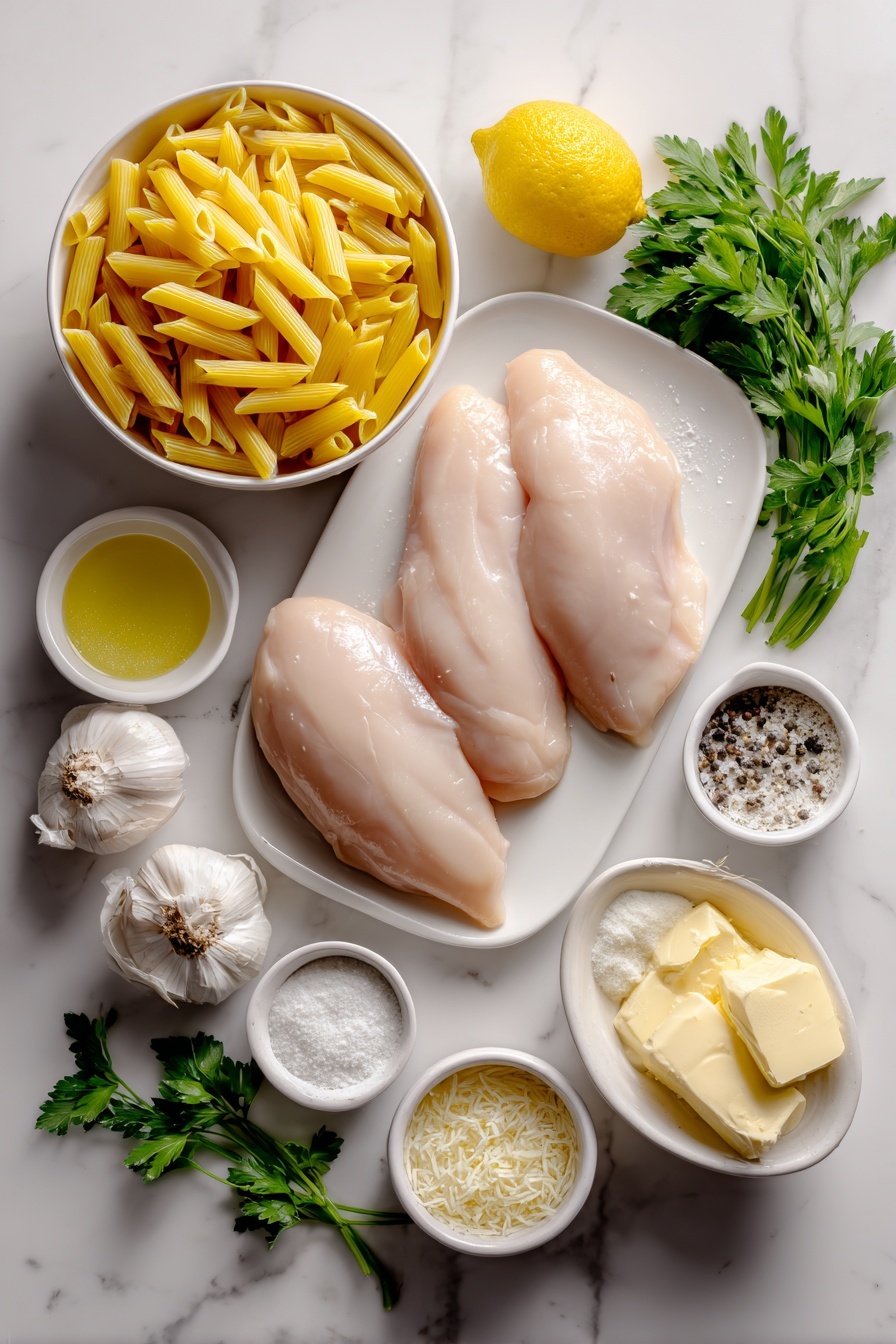 Flat lay of dried farfalle pasta, two whole chicken breasts, small white bowl of olive oil, three whole garlic cloves, small white bowl of heavy cream, small white bowl of freshly squeezed lemon juice, small white bowl of grated parmesan cheese, small white bowl of butter, fresh sprigs of chopped parsley, fresh lemon with visible zest, salt and pepper in small white bowls, placed on a clean white marble surface, soft natural light, photo taken with an iPhone, professional food photography style, fresh ingredients, white ceramic bowls, no bottles, no duplicates, no utensils, no packaging --ar 2:3 --v 7 --p m7354615311229779997 - Creamy Lemon Chicken Pasta, Lemon Chicken Pasta, Easy Chicken Pasta Recipes, Quick Creamy Pasta, Lemon Chicken Dinner