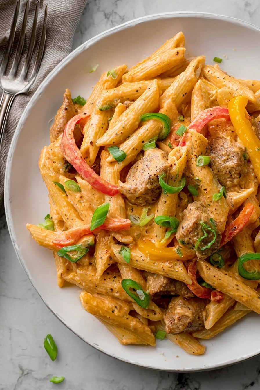A white plate filled with penne pasta covered in a creamy orange sauce with visible black pepper specks. Among the pasta are chunks of cooked meat with a light brown color and a slightly textured surface. Thin red and yellow bell pepper strips are layered throughout, adding bright color contrasts. Sliced green chili rounds and chopped green onions are scattered on top, giving fresh green highlights. The plate rests on a white marbled surface with a silver fork placed nearby. Photo taken with an iphone --ar 2:3 --v 7 - Buffalo Chicken Pasta, spicy pasta recipes, quick weeknight dinners, creamy buffalo chicken pasta, easy pasta with buffalo sauce