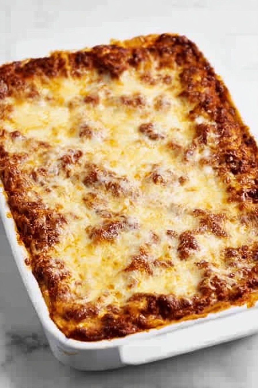 The image shows a white rectangular baking dish filled with a baked lasagna. The top layer is covered in melted cheese that is golden brown and slightly crispy in some spots. Underneath the cheese, a rich tomato meat sauce is visible around the edges where the cheese has bubbled and spread. The lasagna is thick with several layers of pasta, sauce, and cheese stacked closely together. The dish sits on a white marbled surface, creating a clean and simple background. Photo taken with an iphone --ar 2:3 --v 7 - Creamy Cheesy Spaghetti Bake, cheesy pasta bake, easy lasagna-inspired casserole, comfort food recipes, baked spaghetti dish