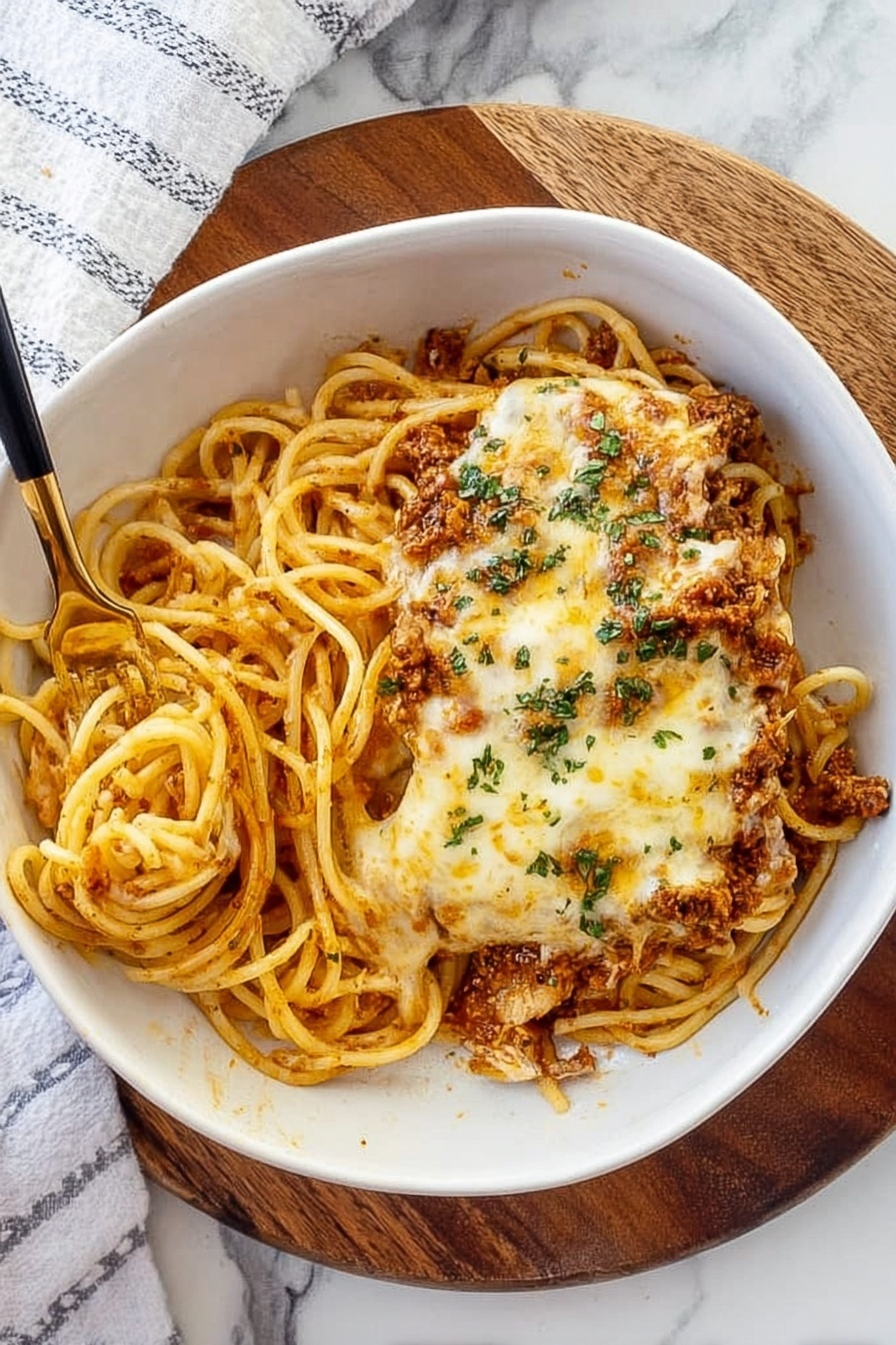 A white bowl filled with two main layers, the bottom layer is a serving of thick spaghetti noodles in a light orange sauce mixed with crumbled brown meat scattered throughout. The top layer is a rectangular piece of chicken covered with bubbly, browned melted cheese and sauce dripping over the edges. The dish is sprinkled thinly with chopped green herbs for color. A gold fork with a dark handle rests on the bottom left edge of the bowl with a woman's hand holding it. The bowl is placed on a wooden board, and the background is a white marbled surface with a white and gray striped cloth partially visible. Photo taken with an iphone --ar 2:3 --v 7 - Creamy Cheesy Spaghetti Bake, cheesy pasta bake, easy lasagna-inspired casserole, comfort food recipes, baked spaghetti dish