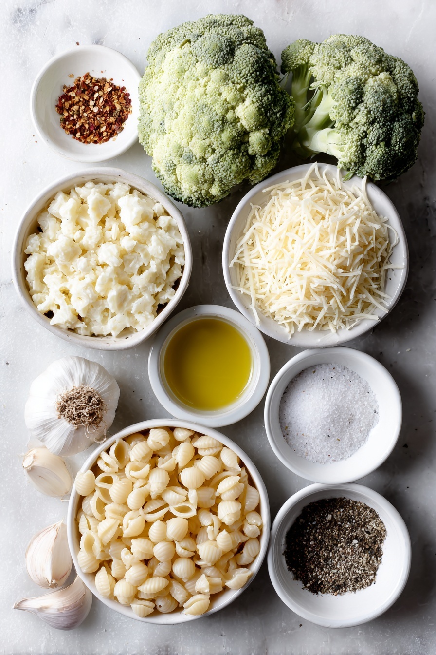 Flat lay of dried small shell pasta, two big fresh broccoli heads, a small white bowl with shredded pale yellow cheese, a small white bowl with grated parmesan cheese, a small white bowl holding bright yellow lemon zest, a small white bowl with fresh lemon juice, a small white bowl filled with golden extra virgin olive oil, two whole uncracked brown garlic cloves, a small white bowl with mixed dried herbs, a small white bowl containing red pepper flakes, a small white bowl with white granulated sugar, a small white bowl with salt, and a small white bowl with black pepper, all arranged in perfect symmetry on a clean white ceramic surface placed on a clean white marble surface, soft natural light, photo taken with an iPhone, professional food photography style, fresh ingredients, white ceramic bowls, no bottles, no duplicates, no utensils, no packaging --ar 2:3 --v 7 --p m7354615311229779997 - Quick Broccoli Pasta with Lemon and Cheese, healthy quick pasta recipes, easy broccoli pasta dinner, speedy veggie pasta, lemon cheese pasta dish