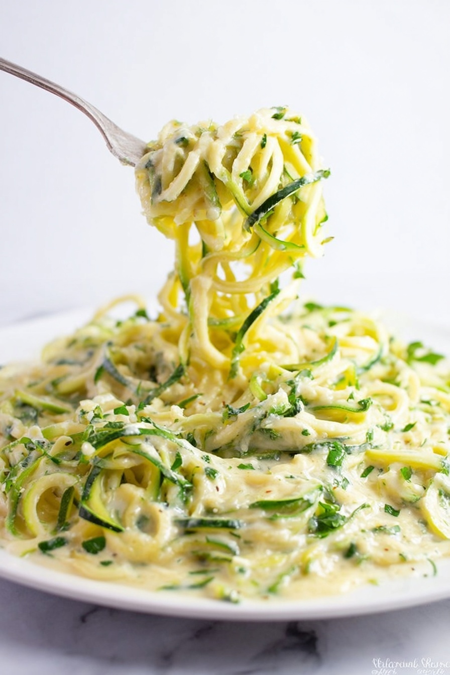 A close-up view of a large white plate filled with spiralized zucchini noodles mixed with a creamy light yellow sauce and sprinkled with small pieces of chopped green herbs, mostly parsley or cilantro. A fork lifts a twirl of the noodles above the plate, showing the long, thin, curly strands coated evenly in the sauce. The background is plain white marbled texture, making the colors of the zucchini and sauce stand out clearly. photo taken with an iphone --ar 2:3 --v 7 - Zucchini Alfredo Cream Pasta, healthy zucchini pasta, easy Alfredo sauce recipe, quick dinner ideas, low-carb pasta alternatives