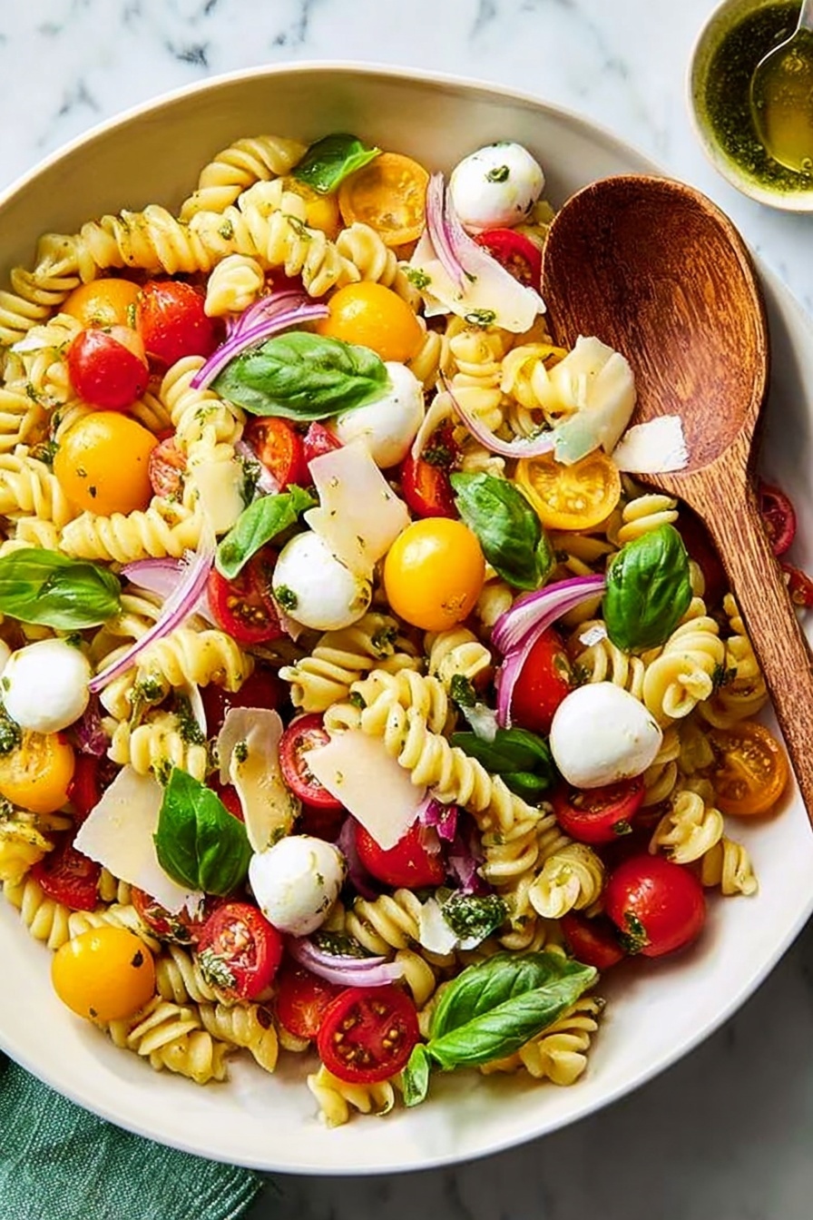 The dish is a colorful pasta salad served in a white bowl on a white marbled surface. It has three main layers visually: the bottom layer is light yellow spiral pasta filling the bowl, the middle layer is made up of vibrant red and yellow cherry tomato halves along with small white mozzarella balls scattered evenly, and the top layer consists of fresh green basil leaves, thin slices of purple onion, and thin white shavings of cheese arranged lightly on top. A wooden spoon rests on the salad, partly submerged among the ingredients. The overall look is fresh, bright, and inviting. Photo taken with an iphone --ar 2:3 --v 7 - Caprese Pasta Salad with Cherry Tomatoes, cherry tomato pasta salad, summer pasta salad, easy Caprese pasta recipe, fresh Italian pasta salad