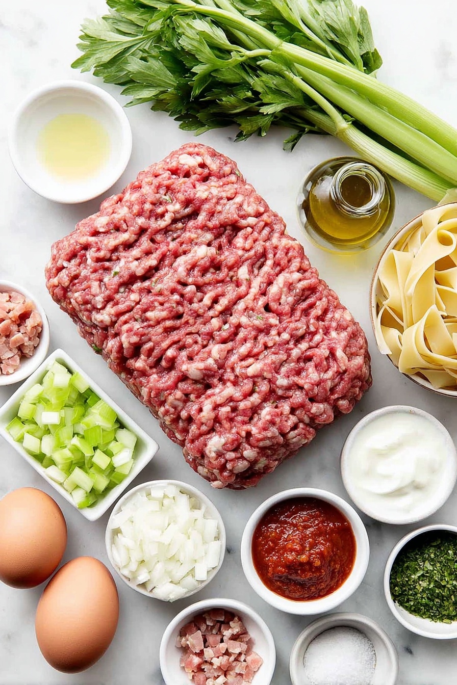 Flat lay of a medium finely diced onion, two peeled and finely diced carrots, two finely diced celery stalks, two cloves of minced garlic, a small white ceramic bowl of olive oil, a small white ceramic bowl of white wine, a small pile of finely diced pancetta, a portion of raw ground top sirloin beef, a small white ceramic bowl with tomato paste, a small white ceramic bowl of passata, a small white ceramic bowl of beef stock, a small white ceramic bowl of whole milk, a whole uncracked brown egg, a nest of fresh pappardelle pasta, a few sprigs of fresh Italian parsley, and a small heap of finely grated Parmesan Reggiano, all arranged with perfect symmetry on a clean white marble surface, soft natural light, photo taken with an iPhone, professional food photography style, fresh ingredients, white ceramic bowls, no bottles, no duplicates, no utensils, no packaging --ar 2:3 --v 7 --p m7354615311229779997 - Slow Cooker Pappardelle Bolognese, easy slow cooker pasta, hearty Italian slow cooker recipe, flavorful Bolognese sauce, beginner-friendly pasta recipe