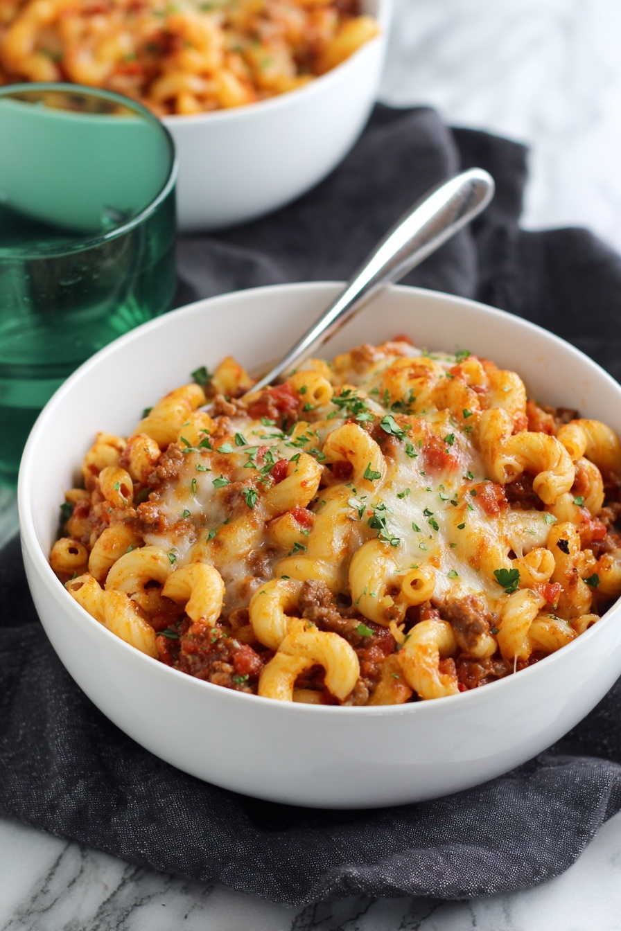 The image shows a white bowl filled with a layered pasta dish. The bottom layer is curly pasta mixed with a red sauce containing small pieces of browned meat. On top, there is melted cheese that is bubbly and slightly browned, sprinkled with finely chopped green herbs. The bowl has a spoon resting inside. In the background, another white bowl holds more of the same pasta dish, and a clear green glass is placed nearby. The setup is on a dark cloth over a white marbled surface. Photo taken with an iphone --ar 2:3 --v 7 - One-Pot Chili Mac and Cheese, easy chili mac recipe, quick comfort food, cheesy pasta with chili, hearty one-pot dinner