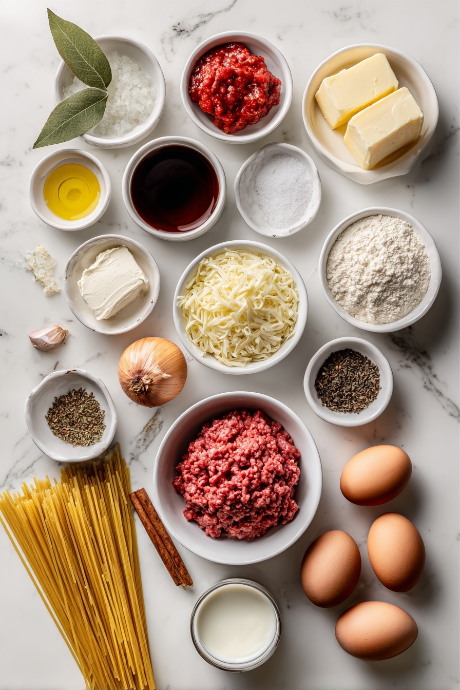 Flat lay of small white ceramic bowls containing golden olive oil, finely minced garlic cloves, finely chopped red onions, a mound of fresh raw ground beef, small bowl of dry red wine, crushed ripe red tomatoes in a white bowl, crumbled beef bouillon cubes, a dollop of deep red tomato paste, a single glossy bay leaf, a cinnamon stick beside a small pile of cinnamon powder, a small pinch of ground cloves, granulated white sugar in a bowl, black peppercorns beside fine salt crystals, a slab of unsalted butter, plain all purpose flour in a bowl, whole milk in a small white bowl, freshly grated nutmeg, finely shredded pale yellow kefalotyri cheese, two whole uncracked brown eggs, uncooked golden yellow Pastitsio No. 2 Greek bucatini pasta strands neatly arranged, crumbled white feta cheese, two whole uncracked white eggs, finely grated pale yellow kefalotyri cheese all arranged symmetrically and proportionally, placed on a clean white marble surface, soft natural light, photo taken with an iPhone, professional food photography style, fresh ingredients, white ceramic bowls, no bottles, no duplicates, no utensils, no packaging --ar 2:3 --v 7 --p m7354615311229779997 - Greek Pastitsio Meat Sauce, Greek Pastitsio, Pastitsio with Meat Sauce, Greek Casserole Recipe, Béchamel Pasta Bake