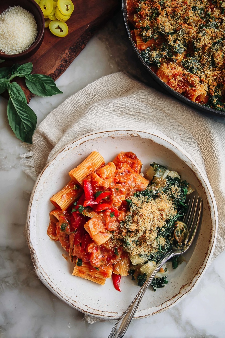 The dish is served in a large white rustic ceramic bowl placed on a white marbled surface with a beige cloth underneath. The bowl is divided into two main layers: on the left side, there is a layer of rigatoni pasta coated in a bright red tomato sauce with visible pieces of red bell pepper and scattered herbs, giving it a slightly chunky and textured look. On the right side, there is a layer of cooked leafy greens mixed with small chunks of pale vegetables, topped with a generous layer of golden-brown toasted breadcrumbs that add a crispy texture. A silver fork rests inside the bowl on the right side. In the background, there is a round black skillet filled with the same breadcrumb-topped greens, a small dark brown bowl of grated cheese, a few slices of yellow pickled peppers, and fresh basil leaves on a wooden board. Photo taken with an iphone --ar 2:3 --v 7 - Spicy Chicken Riggies, Chicken Riggies recipe, upstate New York pasta, spicy chicken pasta, crowd-pleasing rigatoni dish