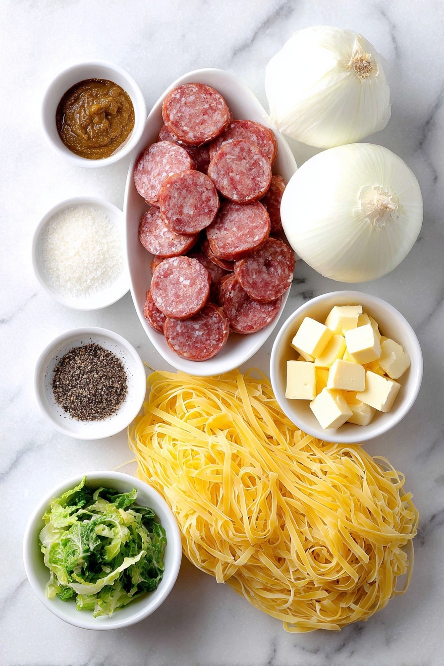 Flat lay of half-inch wide no-yolk egg noodles arranged loosely, a simple white ceramic bowl filled with small yellow cubes of salted butter, several slices of fresh kielbasa cut into 1-inch pieces, one large white onion chopped into chunks, two peeled garlic cloves minced placed neatly in a small white bowl, fresh green cabbage cut into bite-sized pieces with core removed, a small white bowl containing smooth spicy brown mustard, a small white bowl holding coarse kosher salt crystals, and a small white bowl with freshly ground black pepper placed symmetrically around the ingredients, placed on a clean white marble surface, soft natural light, photo taken with an iPhone, professional food photography style, fresh ingredients, white ceramic bowls, no bottles, no duplicates, no utensils, no packaging --ar 2:3 --v 7 --p m7354615311229779997 - Kielbasa and Cabbage Haluski, kielbasa cabbage skillet, hearty comfort food recipes, easy sausage and cabbage dish, quick weeknight dinners