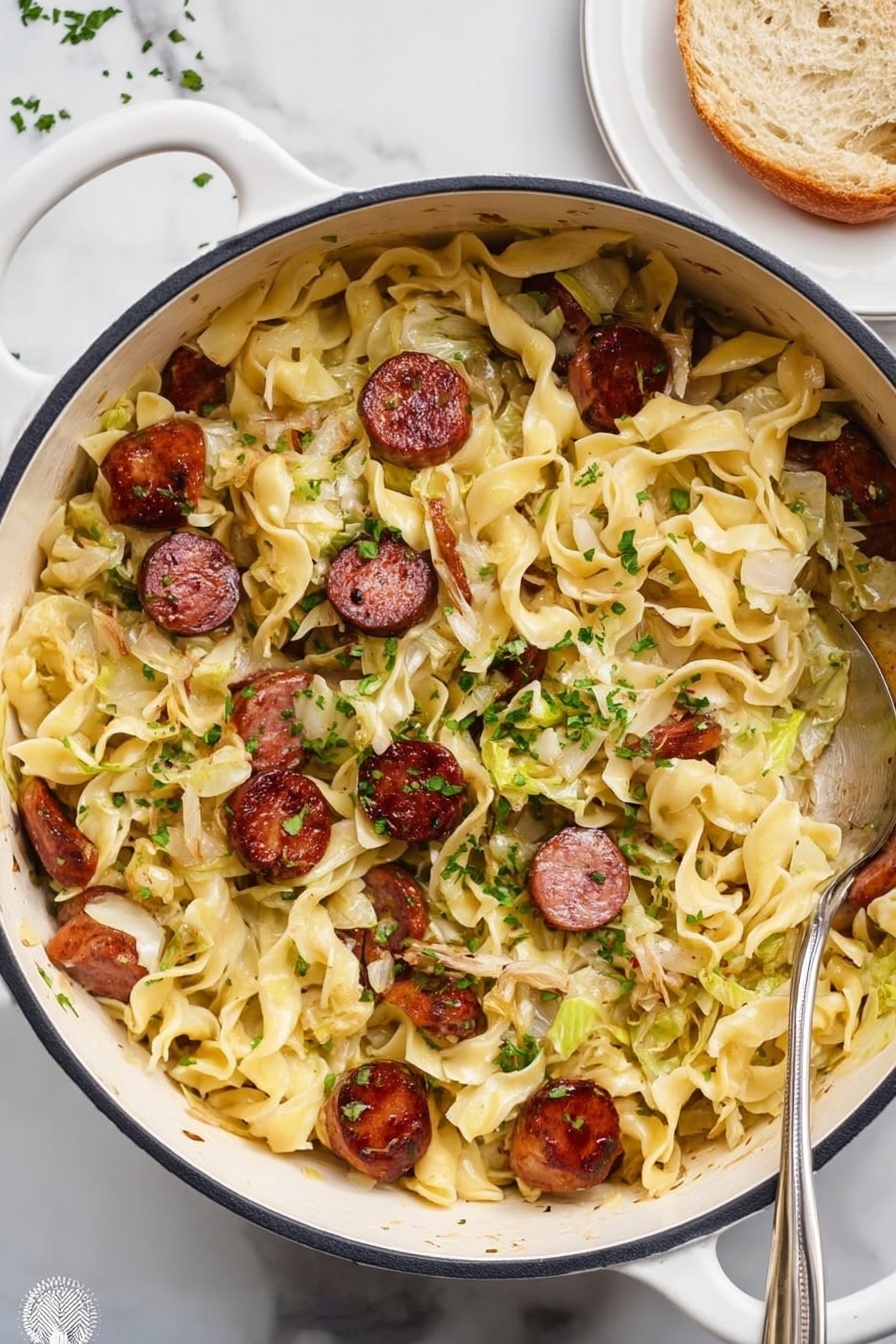 The dish is shown in a large white pot with a dark rim, filled with curly light yellow egg noodles mixed with slices of browned, reddish-brown sausage scattered evenly throughout. There are bits of cooked, pale green and white cabbage mixed in among the noodles. Small pieces of cooked onion and finely chopped green herbs are sprinkled on top, adding texture and color contrast. The pot sits on a white marbled surface, and a metal spoon is partially placed inside the pot on the right side. In the upper right corner, there is a white plate holding a piece of bread. Photo taken with an iphone --ar 2:3 --v 7 - Kielbasa and Cabbage Haluski, kielbasa cabbage skillet, hearty comfort food recipes, easy sausage and cabbage dish, quick weeknight dinners
