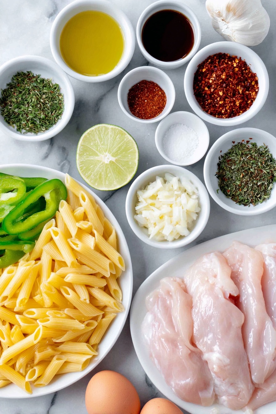 Flat lay of a whole fresh lime halved, a simple white ceramic bowl filled with raw boneless skinless chicken tenderloins, a small white bowl of vibrant red hot jerk seasoning powder, a small white bowl of green herb seasoning, a small white bowl with dark browning sauce, a small white bowl of golden neutral oil, dry uncooked penne pasta neatly arranged on a white ceramic plate, thinly sliced fresh green, red, and yellow bell peppers arranged in linear piles, thinly sliced yellow onion in a small neat pile, three peeled garlic cloves whole next to minced garlic in a small white bowl, two fresh thyme stems with bright green leaves separated, a small white bowl filled with thick heavy cream, small white bowls containing salt, black pepper, and paprika powders separately, a small mound of shredded Parmesan cheese on a white ceramic plate, and two whole uncracked brown eggs placed side by side, all placed on a clean white marble surface, soft natural light, photo taken with an iPhone, professional food photography style, fresh ingredients, white ceramic bowls, no bottles, no duplicates, no utensils, no packaging --ar 2:3 --v 7 --p m7354615311229779997 - Rasta Pasta with Jerk Chicken, Caribbean jerk pasta, spicy jerk chicken pasta, colorful Caribbean pasta, easy jerk chicken recipe