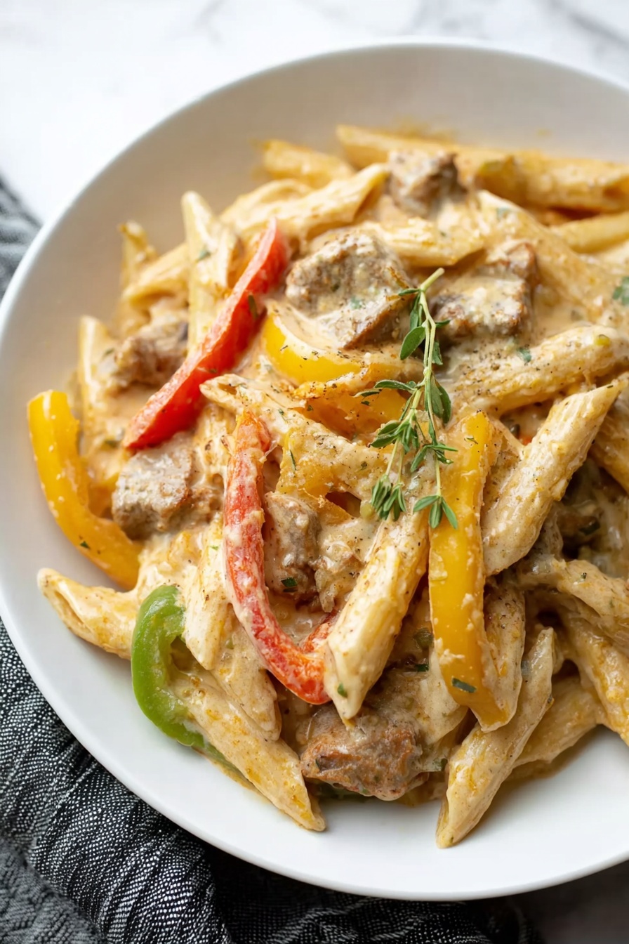 A white bowl filled with penne pasta mixed with creamy sauce and pieces of cooked meat, scattered slices of red, yellow, and green bell peppers add bright colors on top and inside the dish; a small sprig of thyme lies on the center, and the creamy sauce coats the pasta and meat with a slightly rough texture. The background is a white marbled surface with a gray and black striped cloth at the bottom left corner photo taken with an iphone --ar 2:3 --v 7 - Rasta Pasta with Jerk Chicken, Caribbean jerk pasta, spicy jerk chicken pasta, colorful Caribbean pasta, easy jerk chicken recipe
