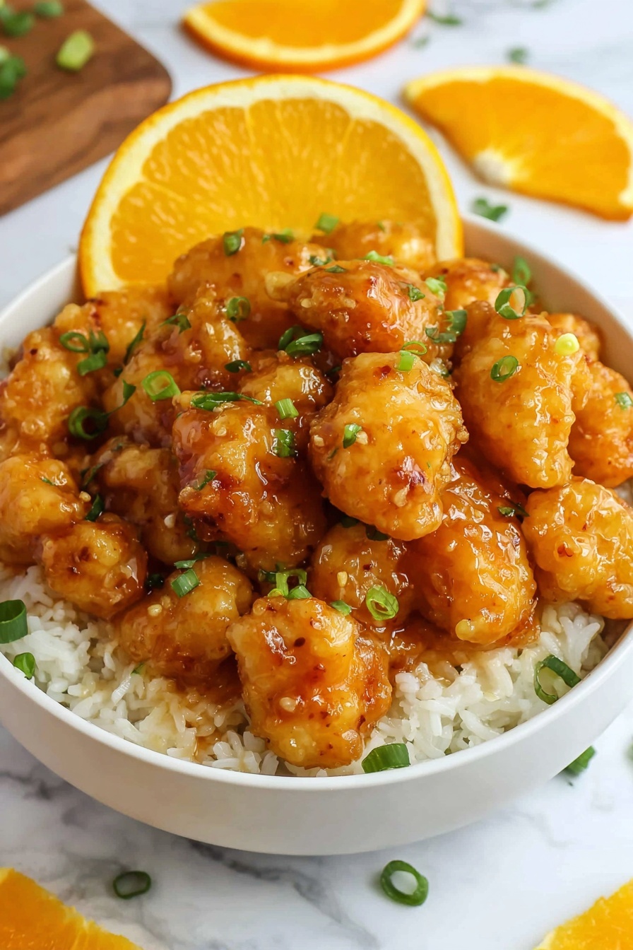 A white bowl filled with white rice at the bottom, topped with two layers of golden brown fried chicken pieces covered in shiny orange sauce. Small pieces of green onion scattered over the chicken for color contrast. In the back of the bowl, a half orange slice is placed as garnish. The bowl sits on a white marbled surface with more orange slices scattered around it. photo taken with an iphone --ar 2:3 --v 7 - Chinese Orange Chicken, crispy orange chicken, homemade Chinese take-out, orange chicken sauce, easy Chinese chicken recipe