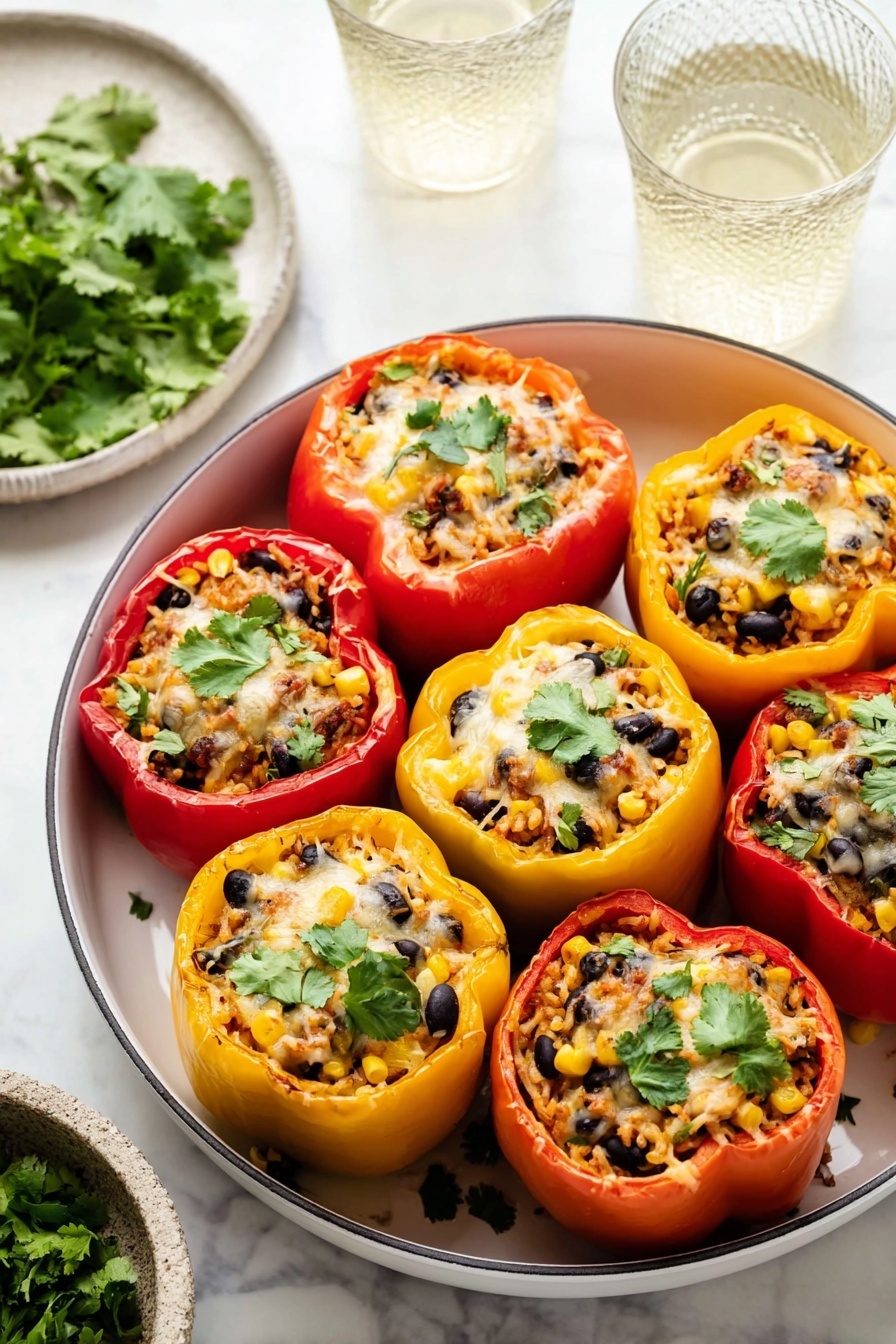A white round pan filled with nine stuffed bell peppers, arranged closely together in three rows. The bell peppers are red, yellow, and orange, with their tops removed, showing a filling of black beans, corn, rice, melted cheese, and small green herb leaves on top. Each pepper is filled to the brim with a mix of these colorful ingredients, and the melted cheese adds a light golden texture. Some fresh green herb leaves, likely cilantro, are placed on each pepper as garnish. The pan sits on a white marbled surface, with a small bowl of cilantro to the side and two textured clear glasses of light-colored drink in the background. Photo taken with an iphone --ar 2:3 --v 7 - Mexican Stuffed Bell Peppers, stuffed bell peppers recipe, Mexican stuffed peppers, healthy stuffed peppers, savory stuffed peppers