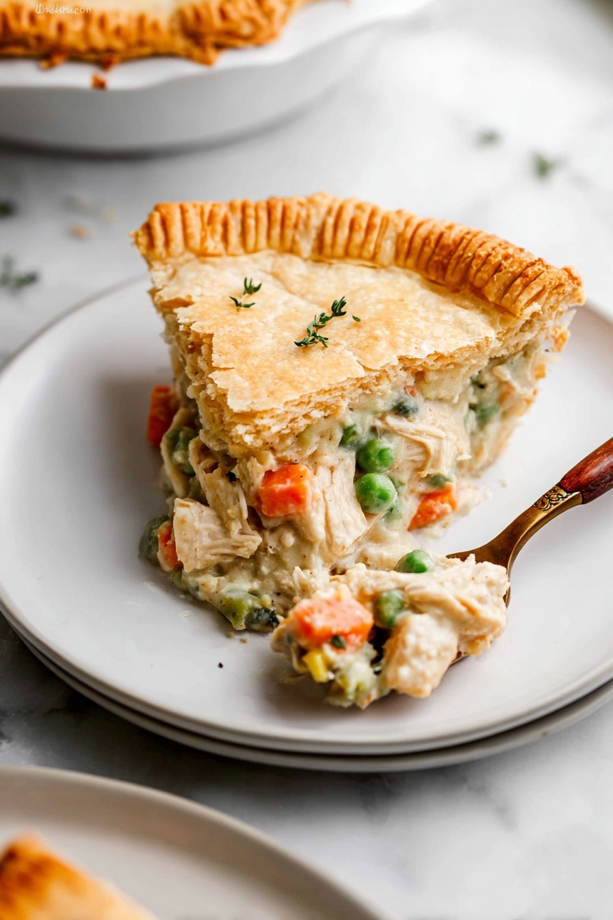 A slice of chicken pot pie with three layers sits on a white plate over another white plate on a white marbled surface. The first layer is a golden brown, firm, slightly cracked top pie crust with a few small green herb sprigs on it. The second layer is a creamy filling with soft white chicken chunks, orange carrot pieces, and bright green peas visible. The third layer is a thick, golden brown crust on the edge, textured with vertical ridges from being pressed down. A fork with a wooden handle holds some filling, resting next to the pie slice on the plate. Photo taken with an iphone --ar 2:3 --v 7 - Best Chicken Pot Pie, chicken pot pie with flaky crust, hearty chicken and vegetable pie, comfort food chicken pie, homemade chicken pot pie