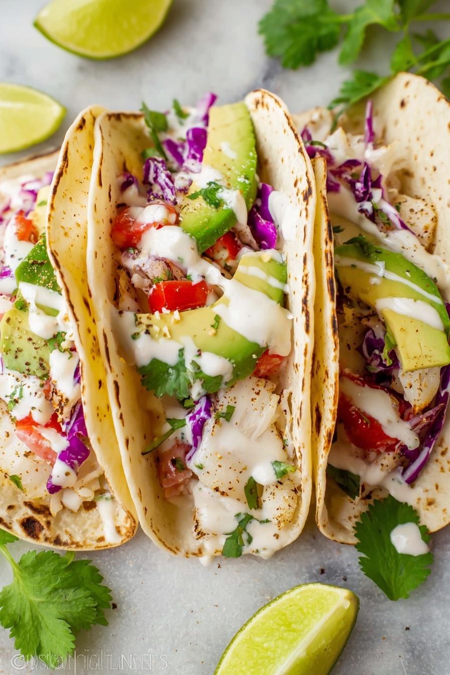 Four tacos are placed on a white oval plate with a blue rim, resting on a white marbled surface. Each taco has three layers of soft, light golden tortillas curved to hold the fillings inside. The bottom layer is grilled fish with a lightly browned texture. On top of the fish is a colorful layer of chopped purple cabbage and small pieces of fresh red tomato. The next layer consists of green avocado chunks and fresh green cilantro leaves scattered across. A generous sprinkle of white crumbly cheese covers the whole taco filling. Four lime wedges are placed on the left side of the plate, and two halves of a lime are on the marbled surface near the bottom right corner. Photo taken with an iphone --ar 2:3 --v 7 - Fish Tacos with Cilantro Lime Sauce, fish tacos, cilantro lime sauce recipe, tilapia fish tacos, fresh seafood tacos
