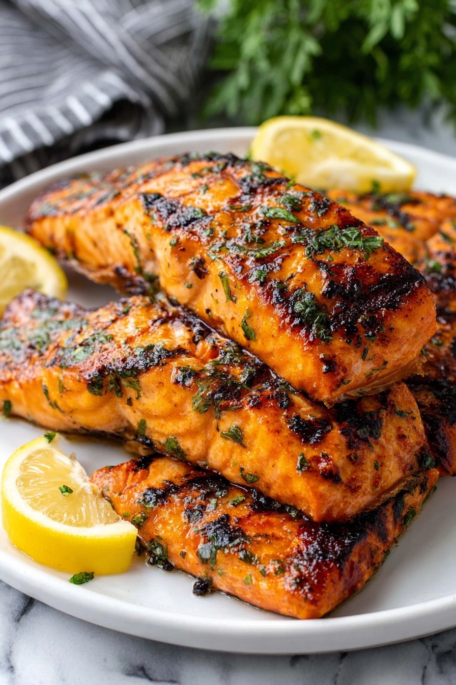 The image shows a white plate filled with four grilled salmon fillets stacked in a slightly overlapping way. The salmon has a rich orange color with darker char marks and small green herb pieces sprinkled all over. The surface of the salmon looks shiny with oil. On top and to the side of the fish, there are two lemon wedges with a fresh yellow color. The plate is placed on a white marbled surface with a blurred green plant and a gray striped cloth in the background. photo taken with an iphone --ar 2:3 --v 7 - Grilled Salmon with Citrus Marinade, citrus salmon marinade, healthy grilled salmon, easy salmon recipe, flavorful fish dishes