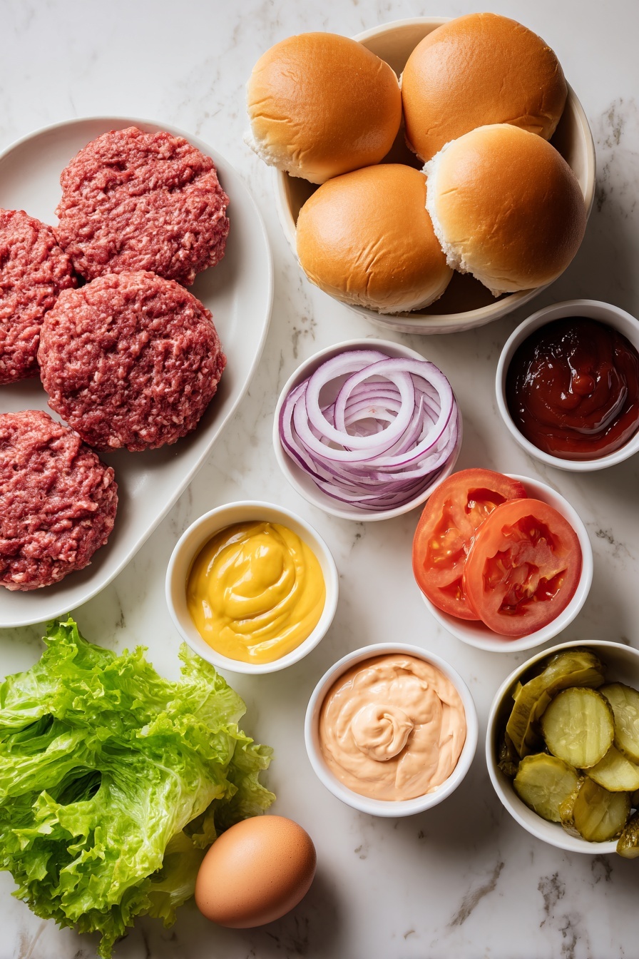 Flat lay of fresh raw ground beef formed into round patties, four soft golden burger buns with fluffy interiors, crisp green torn romaine lettuce leaves, thick red tomato slices, delicate rings of purple-red onion, thin slices of vibrant green gherkins, eight whole brown eggs with clean shells in a simple white ceramic bowl, small white ceramic bowls each containing creamy orangey-pink special burger sauce, rich red ketchup, smooth yellow mustard, and glossy dark red tomato chutney, all arranged with perfect symmetry and balanced proportions on a clean white marble surface, soft natural light, photo taken with an iPhone, professional food photography style, fresh ingredients, white ceramic bowls, no bottles, no duplicates, no utensils, no packaging --ar 2:3 --v 7 --p m7354615311229779997 - Ultimate Cheeseburger, cheeseburger recipe, juicy cheeseburgers, easy cheeseburger ideas, perfect cheeseburger
