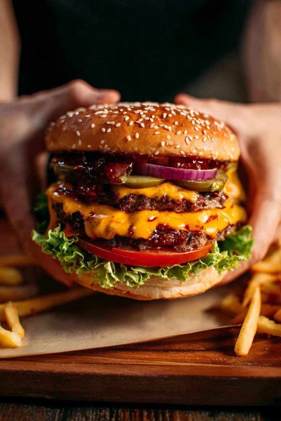 A large cheeseburger held by a pair of woman's hands sits on a wooden board with some golden fries on the side. The burger has a top sesame seed bun that is light brown with white seeds. Below it is a layer of dark red sauce and slices of purple onion. There are green pickle slices under the onions. Two thick beef patties with melted orange cheddar cheese cover the pickle layer. Beneath the patties is a thick slice of red tomato and a green leafy lettuce layer resting on the bottom bun. The scene has a warm, rich color with the burger as the clear focus. The photo taken with an iphone --ar 2:3 --v 7 - Ultimate Cheeseburger, cheeseburger recipe, juicy cheeseburgers, easy cheeseburger ideas, perfect cheeseburger