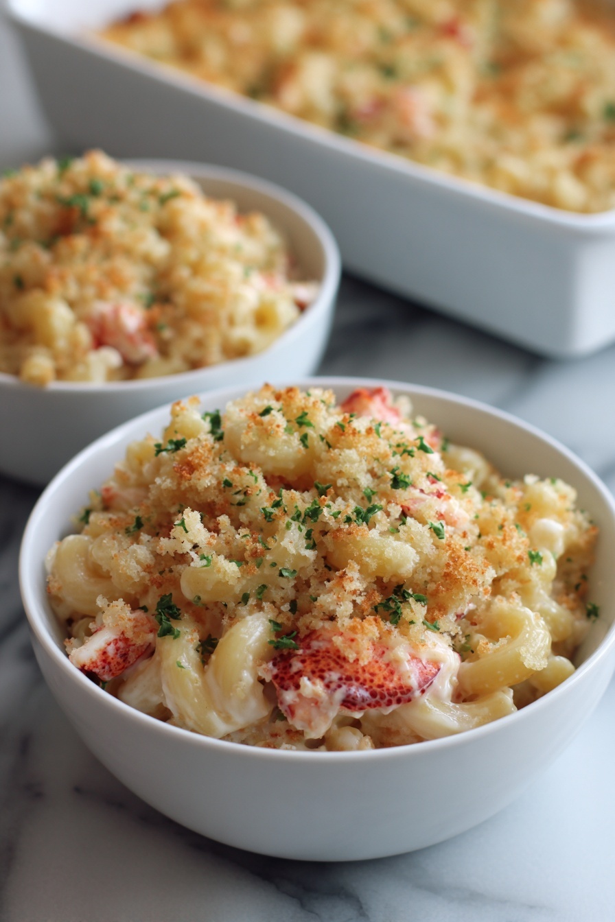 A white bowl filled with three layers: the bottom layer has small pieces of cooked lobster in a pinkish-red color, the middle layer is creamy and pale yellow mac and cheese sauce coating spiral pasta, and on top is a golden brown crunchy crumb topping with small green parsley bits scattered for garnish. In the background, there is another bowl with similar mac and cheese and a white baking dish filled with more of the same dish, all placed on a white marbled surface. photo taken with an iphone --ar 2:3 --v 7 - Creamy Lobster Mac and Cheese, lobster mac and cheese, gourmet mac and cheese, lobster pasta recipe, indulgent seafood pasta