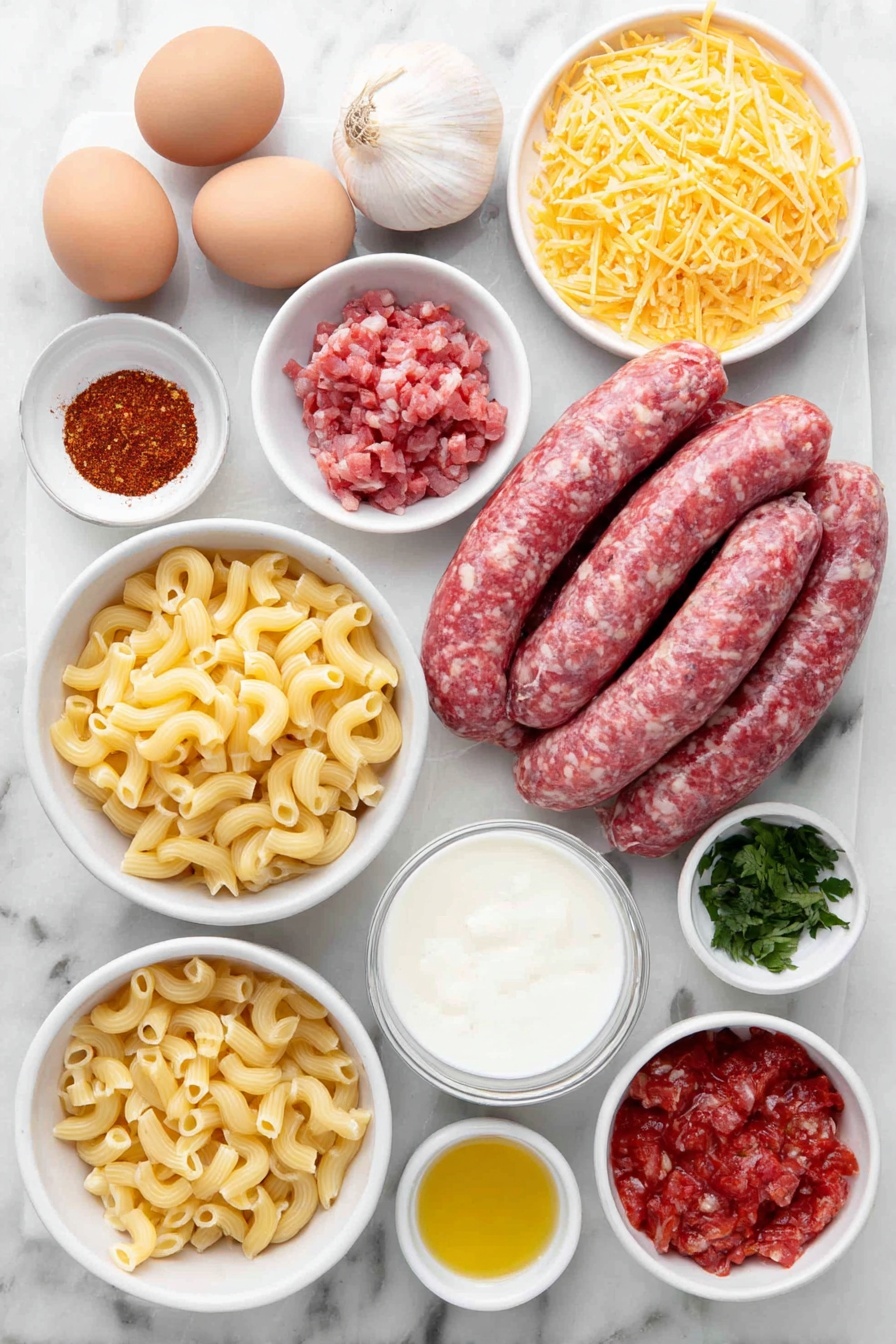 Flat lay of fresh uncooked cavatappi pasta spilling slightly from a simple white ceramic bowl, three whole uncracked brown eggs nestled nearby, a small white bowl filled with bright orange smoked cheddar cheese shreds, a mound of raw chorizo sausage without casing on a white plate, half a shallot whole and showing clean smooth skin, three glossy red chipotle chiles resting beside a small white bowl of finely chopped chipotle in adobo sauce, a small white bowl with golden extra-virgin olive oil, another small white bowl containing creamy whole milk, a handful of fresh bright green cilantro sprigs, a white ceramic bowl with golden brown toasted bread crumbs, a small white bowl filled with bright red diced fire roasted tomatoes (drained), three cloves of fresh garlic with papery skin intact, a small white bowl of fine paprika powder, a small white bowl with sifted white flour, and a whole stick of butter still solid and uncut—arranged with perfect symmetry and natural proportions, placed on a clean white marble surface, soft natural light, photo taken with an iPhone, professional food photography style, fresh ingredients, white ceramic bowls, no bottles, no duplicates, no utensils, no packaging --ar 2:3 --v 7 --p m7354615311229779997 - Chorizo Mac and Cheese, spicy chorizo pasta, cheesy pasta recipe, smoky chorizo dish, comforting mac and cheese