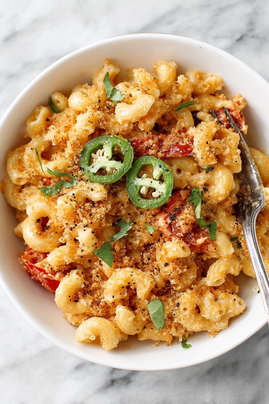 A white bowl filled with a creamy macaroni dish made of spiral pasta covered in a light orange sauce, mixed with pieces of red tomatoes and browned bits. The pasta is topped with a crumbly golden-brown topping and black pepper, with three slices of green jalapeno peppers and a few green cilantro leaves scattered on top. A silver fork is placed in the bowl, resting on the pasta. The bowl is set on a white marbled surface. photo taken with an iphone --ar 2:3 --v 7 - Chorizo Mac and Cheese, spicy chorizo pasta, cheesy pasta recipe, smoky chorizo dish, comforting mac and cheese