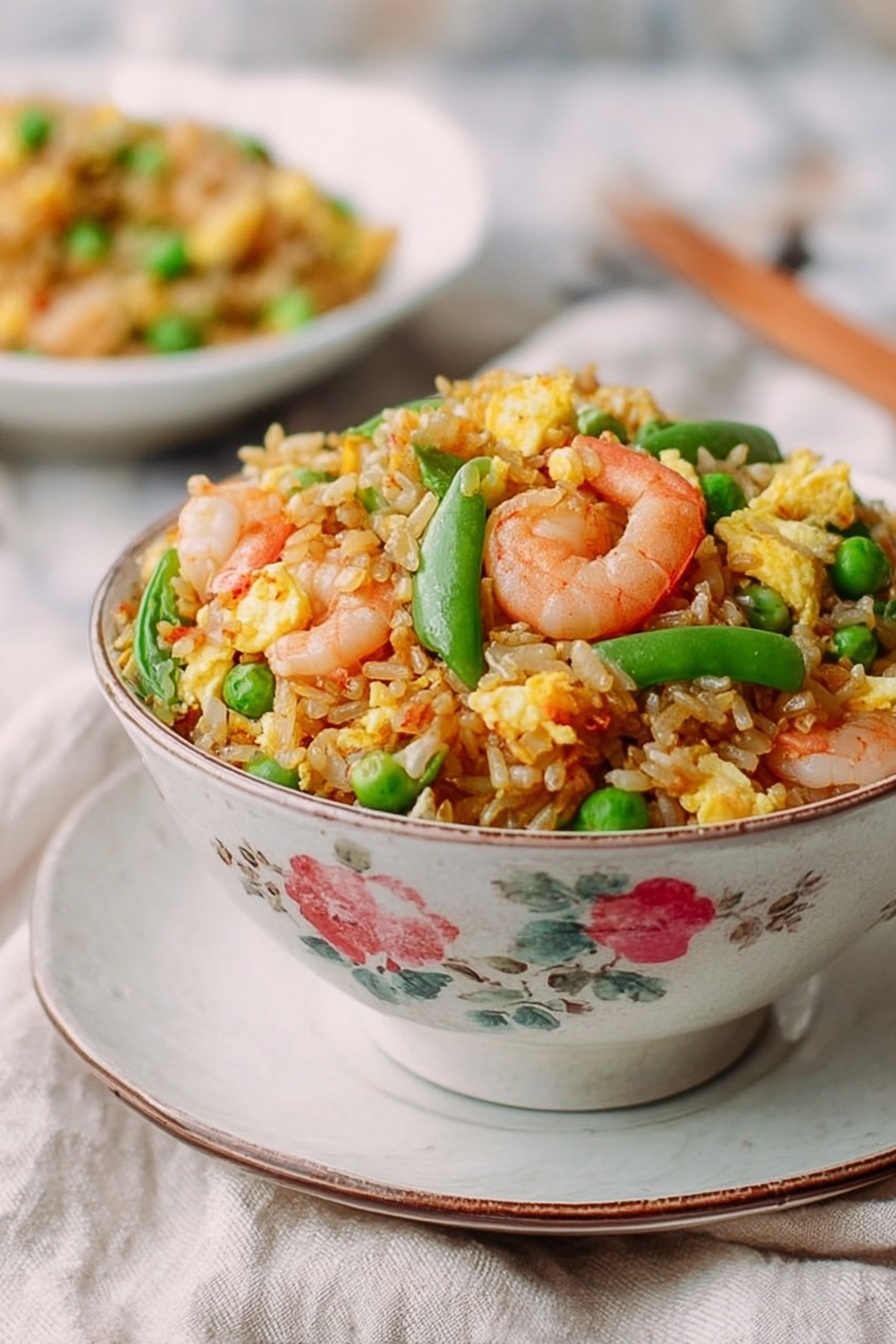 A bowl filled with fried rice piled high shows many layers: the base is light brown fried rice mixed with scrambled egg pieces that are yellow and soft; scattered on top are bright green snap peas cut into small pieces and pink-orange cooked shrimp dotted around. The bowl is white with a floral design and sits on a matching white saucer on a white marbled surface with a cloth underneath. In the background, there is a blurred smaller bowl with more of the same fried rice. Photo taken with an iphone --ar 2:3 --v 7 - Shrimp Fried Rice, easy shrimp fried rice, homemade shrimp fried rice, Chinese-style shrimp fried rice, quick shrimp fried rice