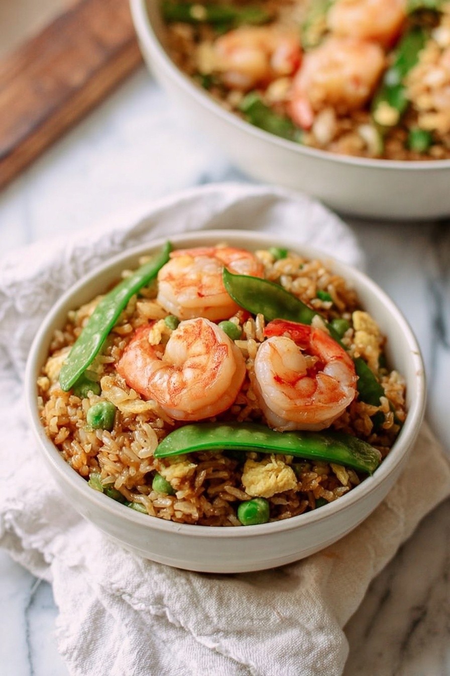 A white bowl filled with three layers: the bottom and middle layers are fluffy, brown fried rice with bits of egg and green herbs mixed in, and the top layer has bright pink cooked shrimp and fresh green snap peas scattered evenly. The bowl sits on a piece of white cloth with a slightly visible pattern, all set on a white marbled surface. In the background, there is a larger white bowl filled with the same shrimp and rice dish, slightly blurred. Photo taken with an iphone --ar 2:3 --v 7 - Shrimp Fried Rice, easy shrimp fried rice, homemade shrimp fried rice, Chinese-style shrimp fried rice, quick shrimp fried rice