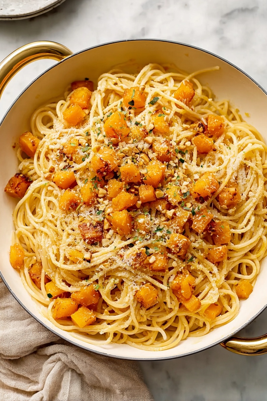 The image shows a white bowl filled with spaghetti pasta mixed with small cubes of roasted orange squash. The spaghetti noodles are long, pale yellow, and slightly shiny, wrapped loosely in some places. The squash cubes are golden orange with some crisp, browned edges, scattered evenly on top and mixed within the noodles. There are small bits of crushed nuts sprinkled over everything, adding texture and light brown specks. Tiny green herb leaves dot the dish, giving a fresh touch. The bowl sits on a white marbled surface. Photo taken with an iphone --ar 2:3 --v 7 - Butternut Squash Pasta with Sage, healthy butternut squash pasta, easy fall pasta recipes, caramelized squash pasta, sage pasta dishes