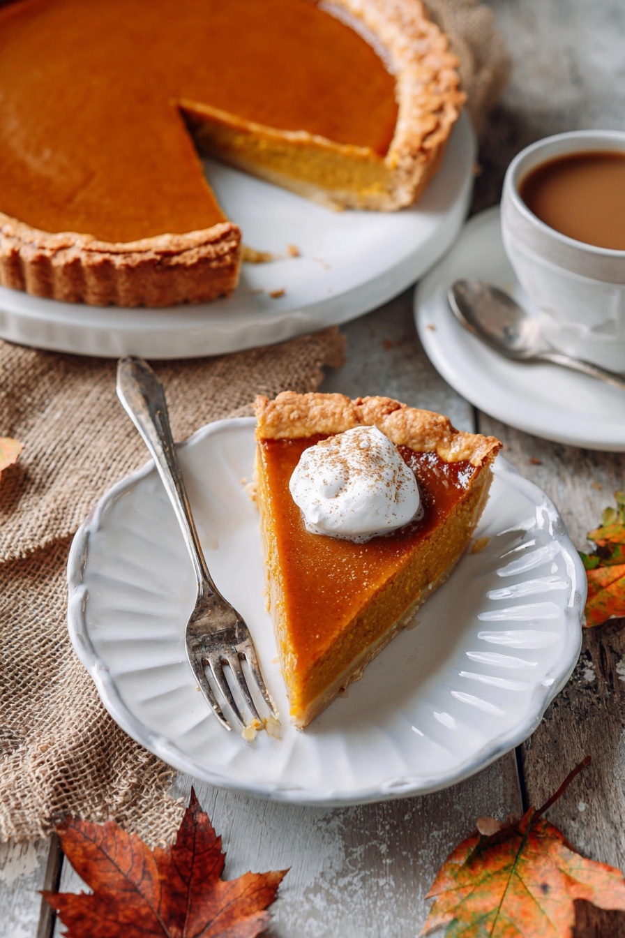 The image shows a slice of pumpkin pie on a white scalloped plate with a silver fork resting on the plate's left side. The pie slice has a thick, golden-brown crust and a smooth, deep orange filling, topped with a dollop of whipped cream. Behind the plate, a whole pumpkin pie with one slice removed is placed on a white marbled surface, revealing the same deep orange filling and flaky crust. Around the plate and pie, there are autumn leaves and a rustic burlap cloth, while to the right, there is a white cup and saucer holding a warm brown beverage with a silver spoon. The scene captures cozy fall vibes with warm colors and textures. photo taken with an iphone --ar 2:3 --v 7 - Butternut Squash Pie, Autumn dessert recipes, Cozy pie ideas, Easy fall desserts, Homemade squash pie