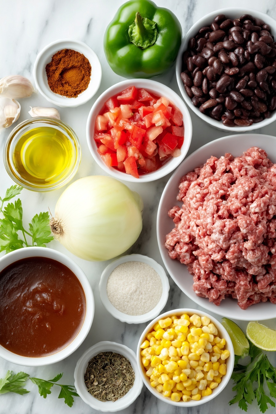 Flat lay of a small drizzle of golden olive oil in a simple white ceramic bowl, a mound of fresh raw lean ground beef, a whole medium yellow onion with bright papery skin, two uncracked brown garlic cloves, one glossy green jalapeno pepper, a small white bowl filled with diced ripe red tomatoes mixed with green chiles, a small white bowl with rich dark beef broth, a small white bowl containing smooth red tomato sauce, a small white bowl holding warm reddish-brown chili powder, another small white bowl with light brown ground cumin, a small white bowl with deep rusty ground paprika, a small white bowl of dried oregano leaves, a small white bowl filled with pale ranch dressing powder, fresh green cilantro sprigs, a halved bright green lime, a small heap of bright yellow frozen corn kernels, a small portion of glossy black beans, a small portion of light tan pinto beans, and a small pile of shredded Mexican blend cheese, all arranged with perfect symmetry on a clean white marble surface, soft natural light, photo taken with an iPhone, professional food photography style, fresh ingredients, white ceramic bowls, no bottles, no duplicates, no utensils, no packaging --ar 2:3 --v 7 --p m7354615311229779997 - Beef Taco Soup, Taco Soup Recipe, Easy Taco Soup, Hearty Taco Soup, One-Pot Taco Soup