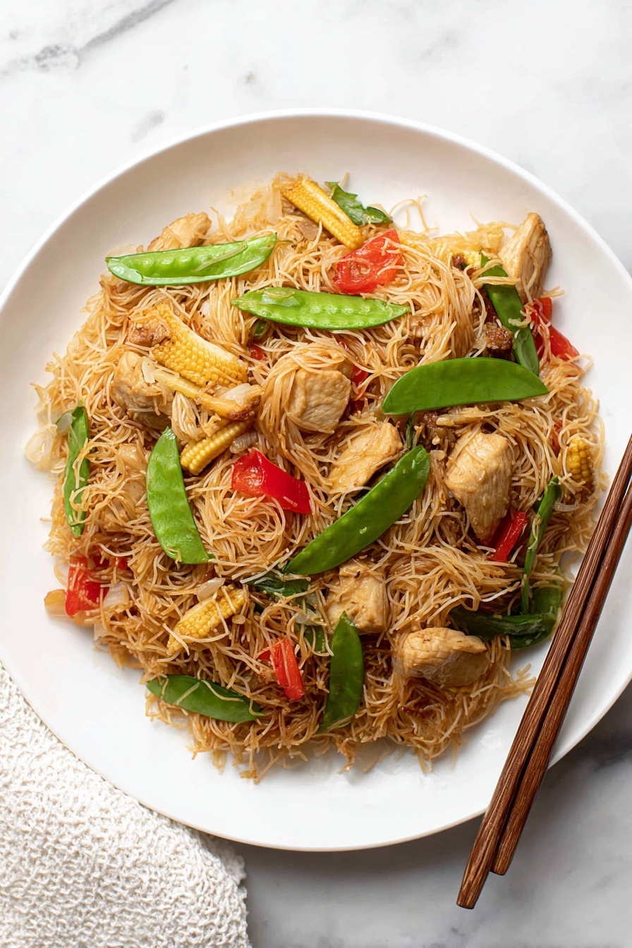 The dish shows a single layer of thin brown rice noodles mixed with pieces of light brown cooked chicken, small baby corn slices, bright green snap peas, red bell pepper slices, and bits of translucent cooked onion on a white plate. The plate is placed on a white marbled surface. To the right of the plate, there are two brown wooden chopsticks resting diagonally. A white textured cloth is partially visible at the bottom left corner of the image. photo taken with an iphone --ar 2:3 --v 7 - Singapore Curry Noodles with Chicken, Singapore Curry Noodles, Curry Noodles with Chicken, Easy Singapore Curry Noodles, Quick Asian Noodle Recipes