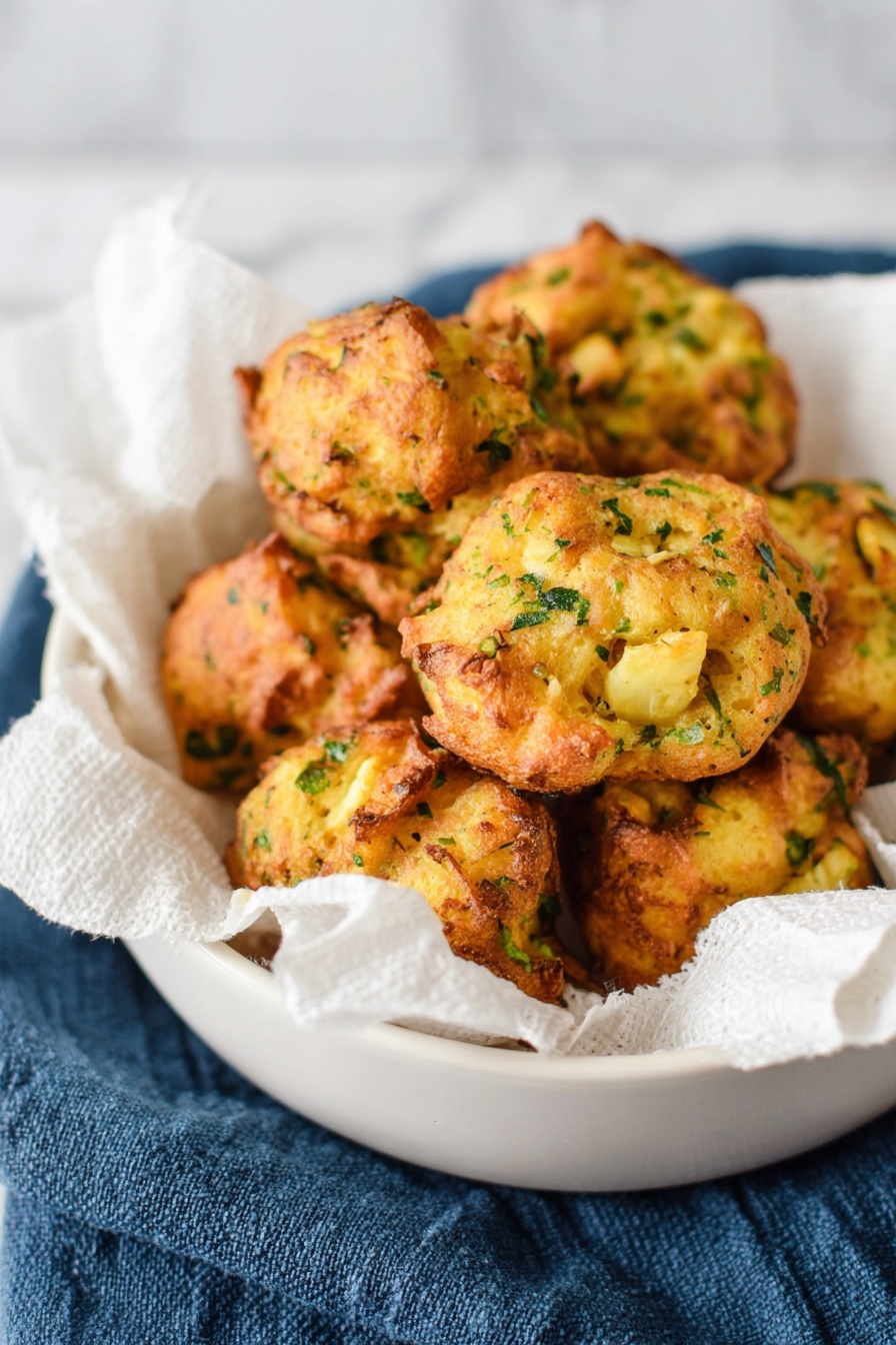 A white bowl lined with white parchment paper holds several round, golden-brown fritters with a rough texture. The fritters show flecks of green herbs and small pieces of light yellow vegetables mixed into the dough. The fritters have a crispy outer layer with some darker browned spots, giving them a homemade look. The bowl sits on a dark blue cloth atop a white marbled surface, creating a clean and simple background. Photo taken with an iphone --ar 2:3 --v 7 - Baked Stuffing Balls, stuffing balls recipe, holiday stuffing side dish, easy stuffing balls, baked stuffing appetizer