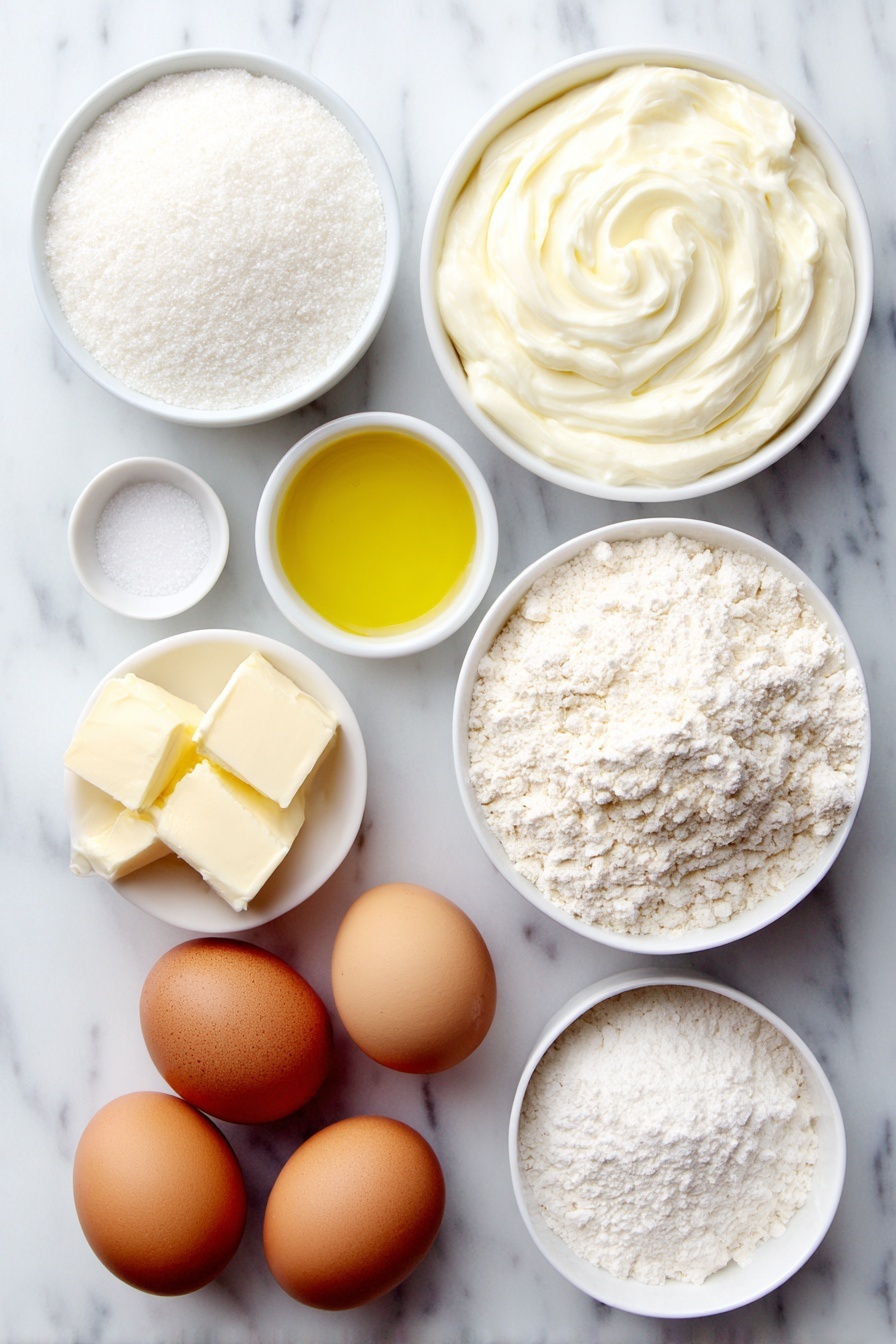 Flat lay of a small white ceramic bowl of creamy plain yogurt, a small white ceramic bowl of granulated sugar, three large whole brown eggs with clean shells, a small white ceramic bowl of golden neutral oil, a small white ceramic bowl of all-purpose flour, a small white ceramic bowl of baking powder, a small white ceramic bowl of fine salt, a few small cubes of golden salted butter, a small white ceramic bowl of clear water, a small white ceramic bowl of vanilla extract, a small white ceramic bowl of almond extract, all arranged with perfect symmetry and balanced proportions, placed on a clean white marble surface, soft natural light, photo taken with an iPhone, professional food photography style, fresh ingredients, white ceramic bowls, no bottles, no duplicates, no utensils, no packaging --ar 2:3 --v 7 --p m7354615311229779997 - French Butter Cake, easy French cake, moist butter cake, simple French dessert, buttery cake recipe