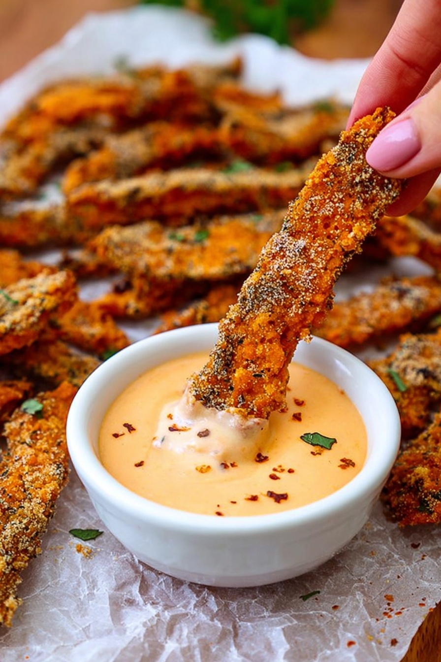 A woman's hand is holding a long, crunchy, orange-brown fried strip seasoned with herbs and spices, partially dipped into a small round white bowl filled with creamy light orange dipping sauce with visible pepper flakes. Underneath, a white marbled surface is covered with crinkled parchment paper holding many more of the same seasoned, fried strips scattered around, all with a rough, crispy texture and garnished with small green herb pieces. photo taken with an iphone --ar 2:3 --v 7 - Garlic Parmesan Sweet Potato Wedges, Sweet Potato Wedges recipe, Crispy sweet potato side, Easy vegetable side dish, Baked sweet potato wedges