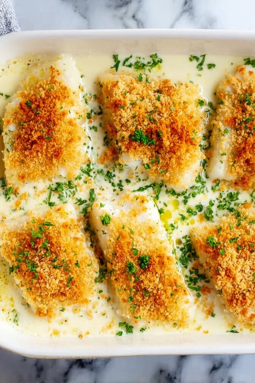 A white rectangular dish filled with a creamy white sauce layer that looks smooth and thick. On top, six pieces of fish with a golden-brown crumb layer spread evenly across each piece. The fish pieces are arranged in two rows of three. Green chopped herbs are sprinkled over the fish and sauce, adding a fresh color contrast. The surface under the dish has a white marbled texture. photo taken with an iphone --ar 2:3 --v 7 - Creamy Baked Cod with Garlic and Parmesan, baked cod recipes, easy fish dinner, creamy fish dishes, garlic Parmesan fish