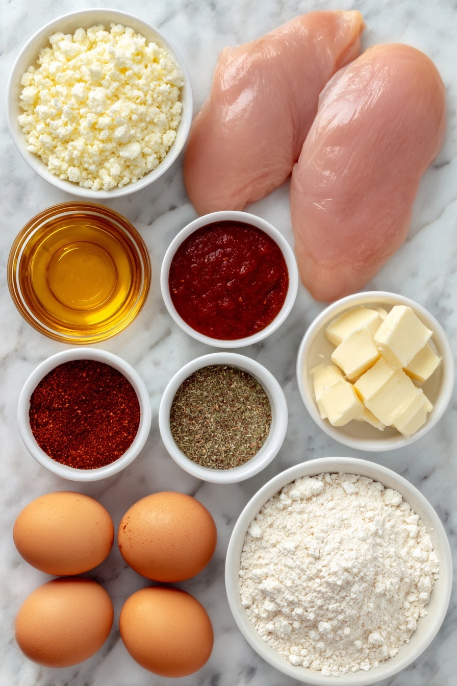 Flat lay of a small white ceramic bowl of golden honey, a small white ceramic bowl of bright red hot sauce, a small white ceramic bowl of deep red chili flakes, two whole raw chicken breasts with natural pink tones, a small white ceramic bowl of rich red paprika powder, a small white ceramic bowl of coarse white plain flour, two whole uncracked brown eggs, a small white ceramic bowl of pale beige panko breadcrumbs, a small white ceramic bowl of crumbly white feta cheese, and a small white ceramic bowl of mixed dried spices including salt, onion powder, garlic powder, dried oregano, black pepper, and cayenne pepper, each ingredient fresh and natural, arranged in perfect symmetry on a clean white marble surface, soft natural light, photo taken with an iPhone, professional food photography style, fresh ingredients, white ceramic bowls, no bottles, no duplicates, no utensils, no packaging --ar 2:3 --v 7 --p m7354615311229779997 - Crispy Hot Honey Feta Chicken, spicy honey chicken, crispy chicken with feta, easy hot honey chicken, flavorful chicken dinner