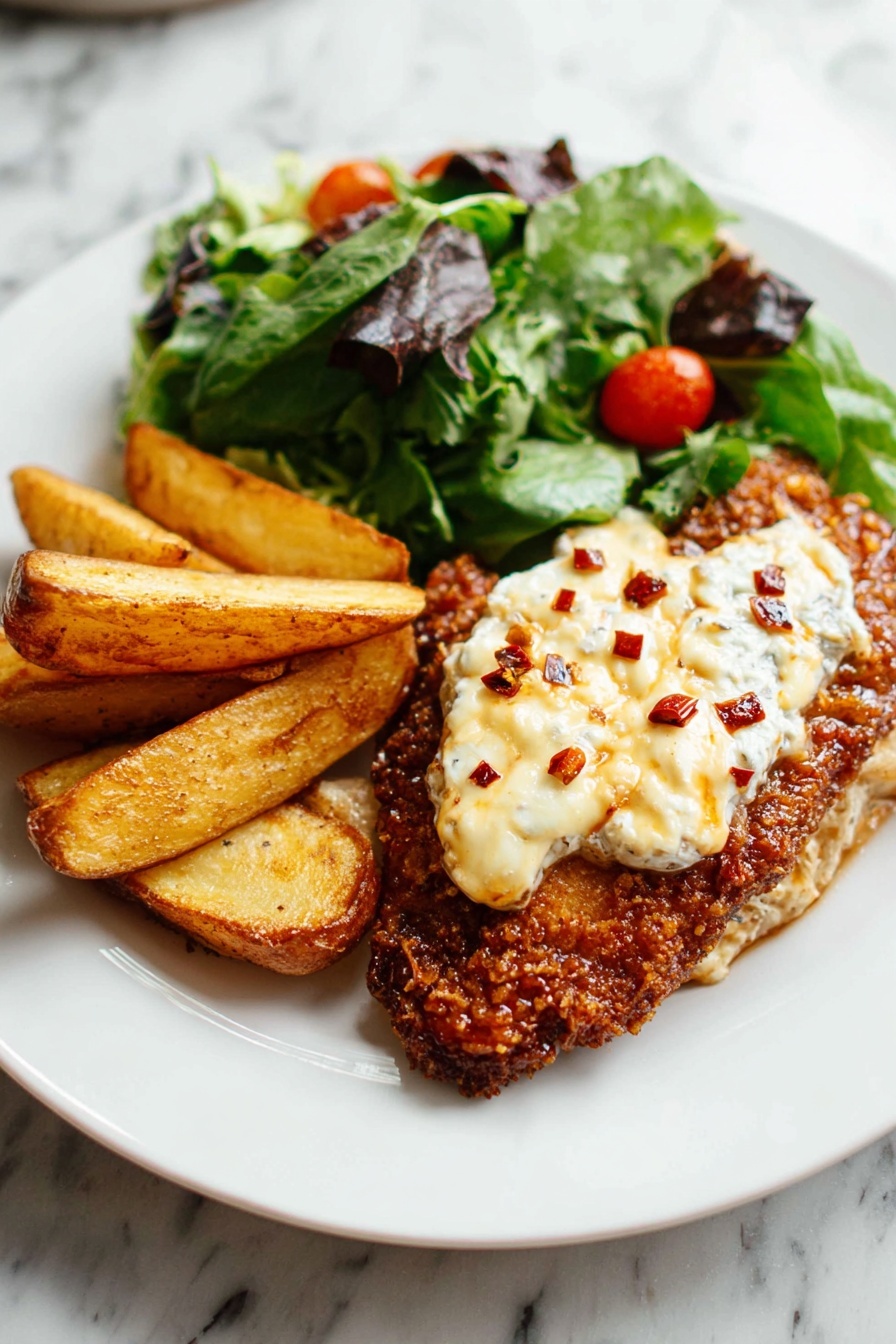 A white plate holds a meal with three main parts: on the right, a crispy brown fried item topped with a thick, creamy white layer that has a slightly melted texture and small red chili flakes scattered on top; on the left side, golden brown potato wedges with a crunchy look stacked next to each other; at the top of the plate, a fresh green salad made of leafy greens and small red tomato pieces. The plate sits on a white marbled surface. Photo taken with an iphone --ar 2:3 --v 7 - Crispy Hot Honey Feta Chicken, spicy honey chicken, crispy chicken with feta, easy hot honey chicken, flavorful chicken dinner