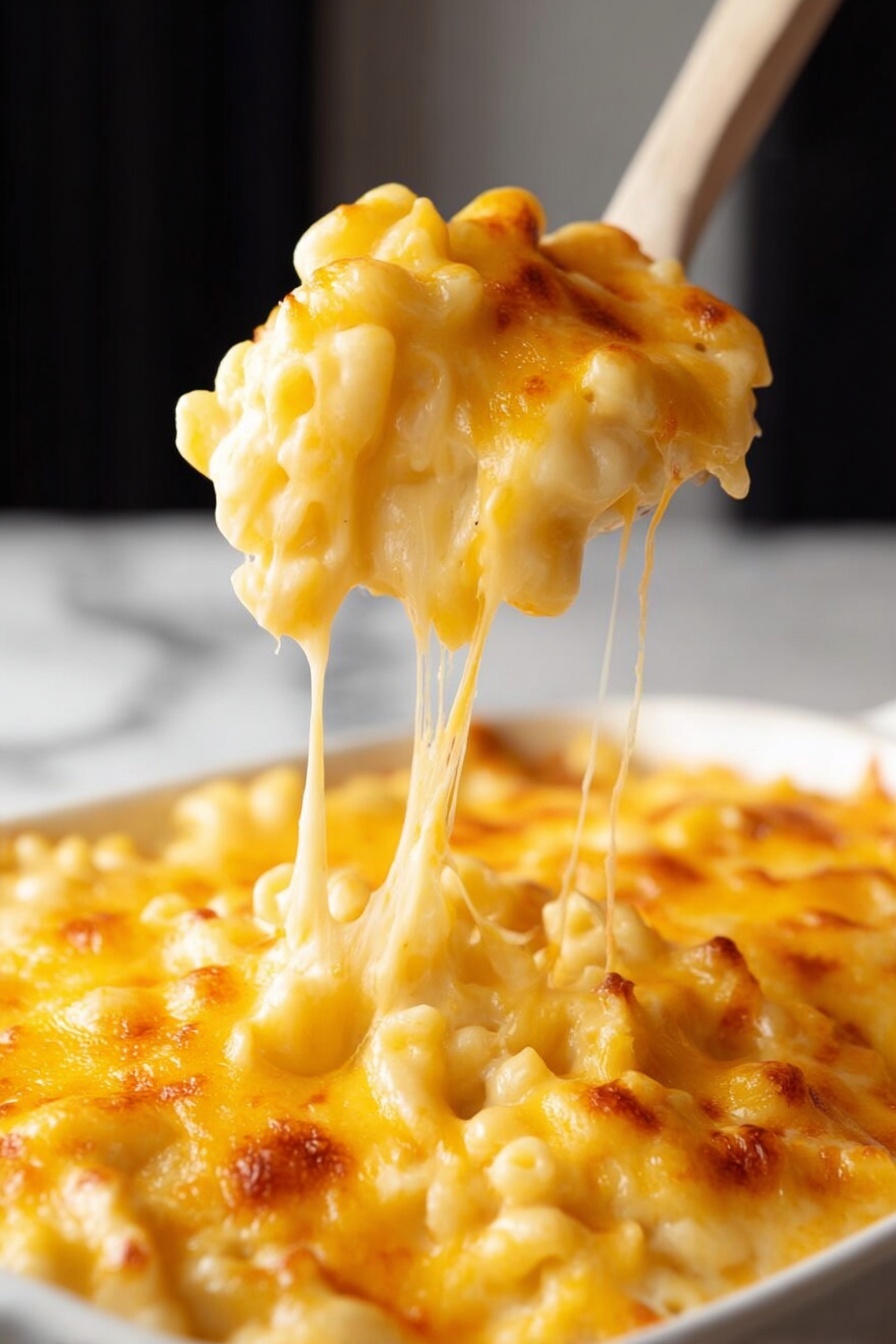A close-up view shows a white spoon lifting a large scoop of macaroni and cheese from a white casserole dish filled with the same. The macaroni is covered by a thick layer of melted yellow cheese that is smooth and shiny with some browned spots on top, showing a slightly bubbly texture. Long thin strings of cheese stretch down from the scoop back to the dish. The macaroni underneath is creamy white and round shaped. The background is a white marbled surface with a blurred black and white backdrop. photo taken with an iphone --ar 2:3 --v 7 - Viral Mac and Cheese, creamy macaroni and cheese, TikTok mac and cheese, cheesy comfort food, easy mac and cheese