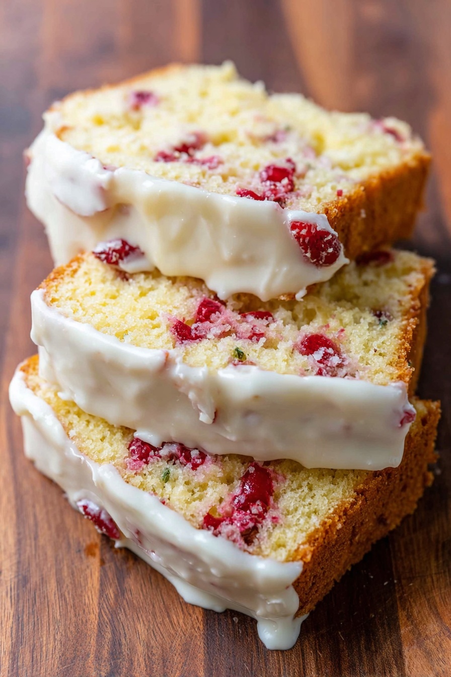 The image shows three slices of a yellow cake with pieces of red fruit inside. The cake appears moist with a soft texture, and it is topped with a thick white icing that drips slightly over the sides. The layers include the golden-brown crust at the bottom, a middle layer filled with red fruit chunks, and the creamy white icing layer on top. The slices are placed on a wooden surface with visible grain patterns. Photo taken with an iphone --ar 2:3 --v 7 - Cranberry Orange Bread, Cranberry Orange Bread with Glaze, Holiday Cranberry Bread, Easy Cranberry Orange Loaf, Festive Citrus Cranberry Bread