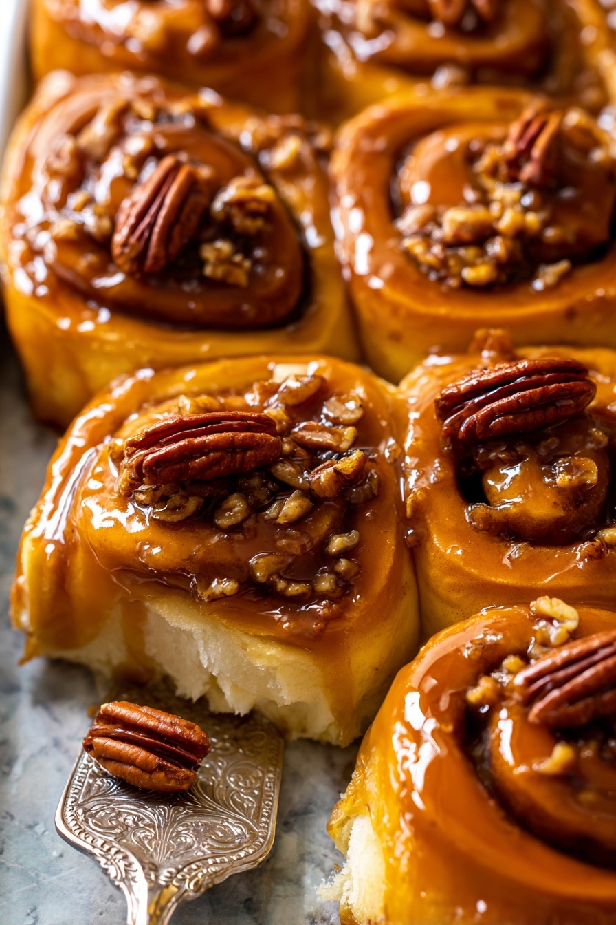 The image shows a close-up of sticky cinnamon rolls arranged in a tray with a white marbled textured background. Each cinnamon roll has a soft, golden-brown base with visible spirals of dough. The top layer is covered with a shiny, amber caramel glaze that looks thick and glossy. On top of each roll, there are whole pecan halves that add texture and color contrast with their rich brown shade. The silver, ornate serving spatula is partially lifted under one cinnamon roll, showing the soft, fluffy inside of the pastry. Photo taken with an iphone --ar 2:3 --v 7 - Butter Pecan Cinnamon Buns, cinnamon roll recipe, pecan sweet rolls, soft buttery buns, pecan cinnamon pastry