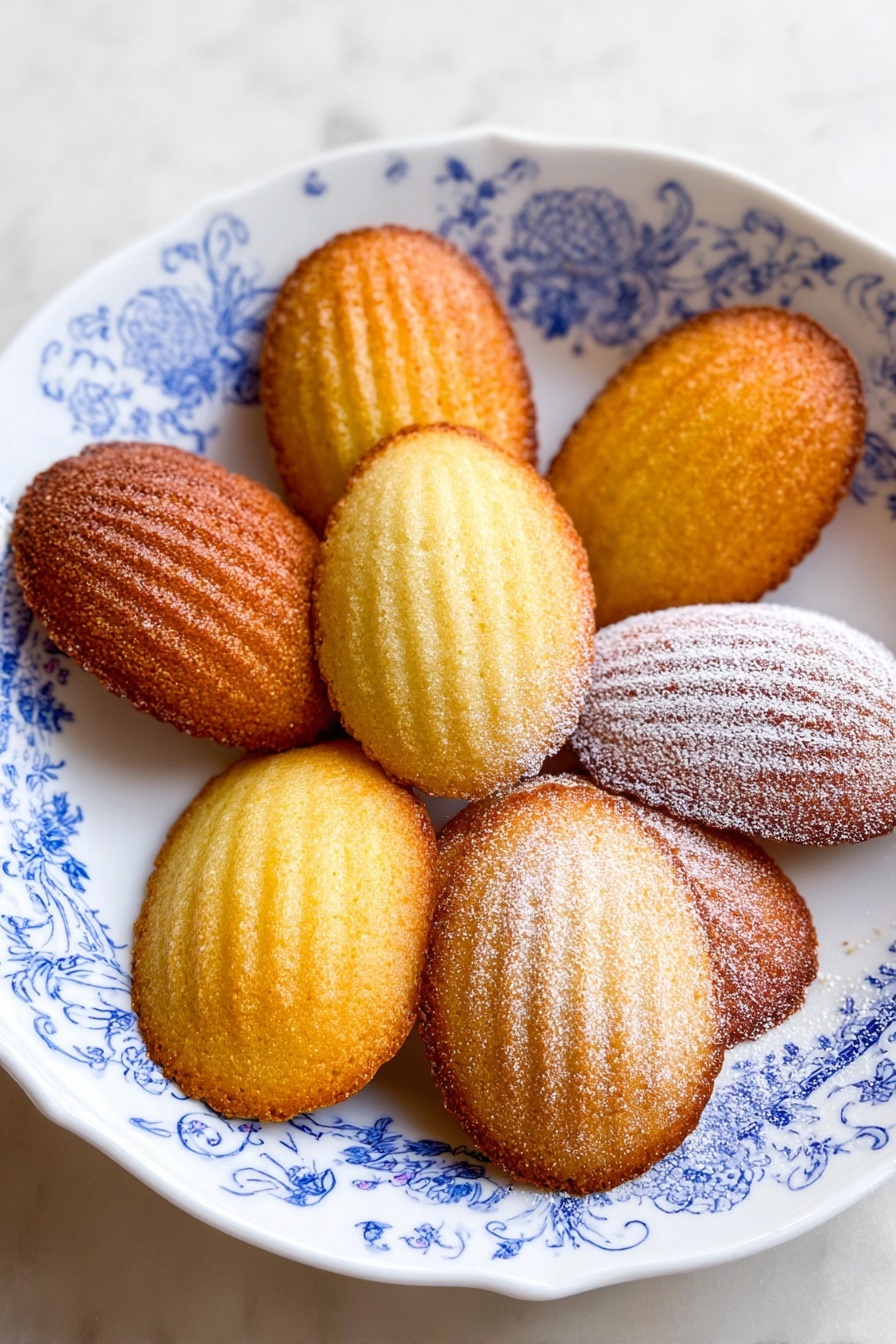 The image shows a white plate with blue designs holding ten oval-shaped madeleine cookies arranged in a loose pile. The madeleines vary in color from golden yellow to a more toasted brown, with some showing a light powdered sugar dusting on top. Their texture appears soft with slight ridges on the surface, and the edges are gently browned. The plate is set on a white marbled surface. Photo taken with an iphone --ar 2:3 --v 7 - Lemon Madeleines, French Lemon Madeleines, Lemon Cake Bites, Easy Lemon Pastry, Lemon Patisserie Snacks